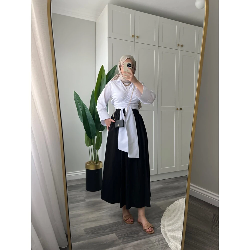 Mevsimlik Beli Lastikli Tensel Etek Siyah