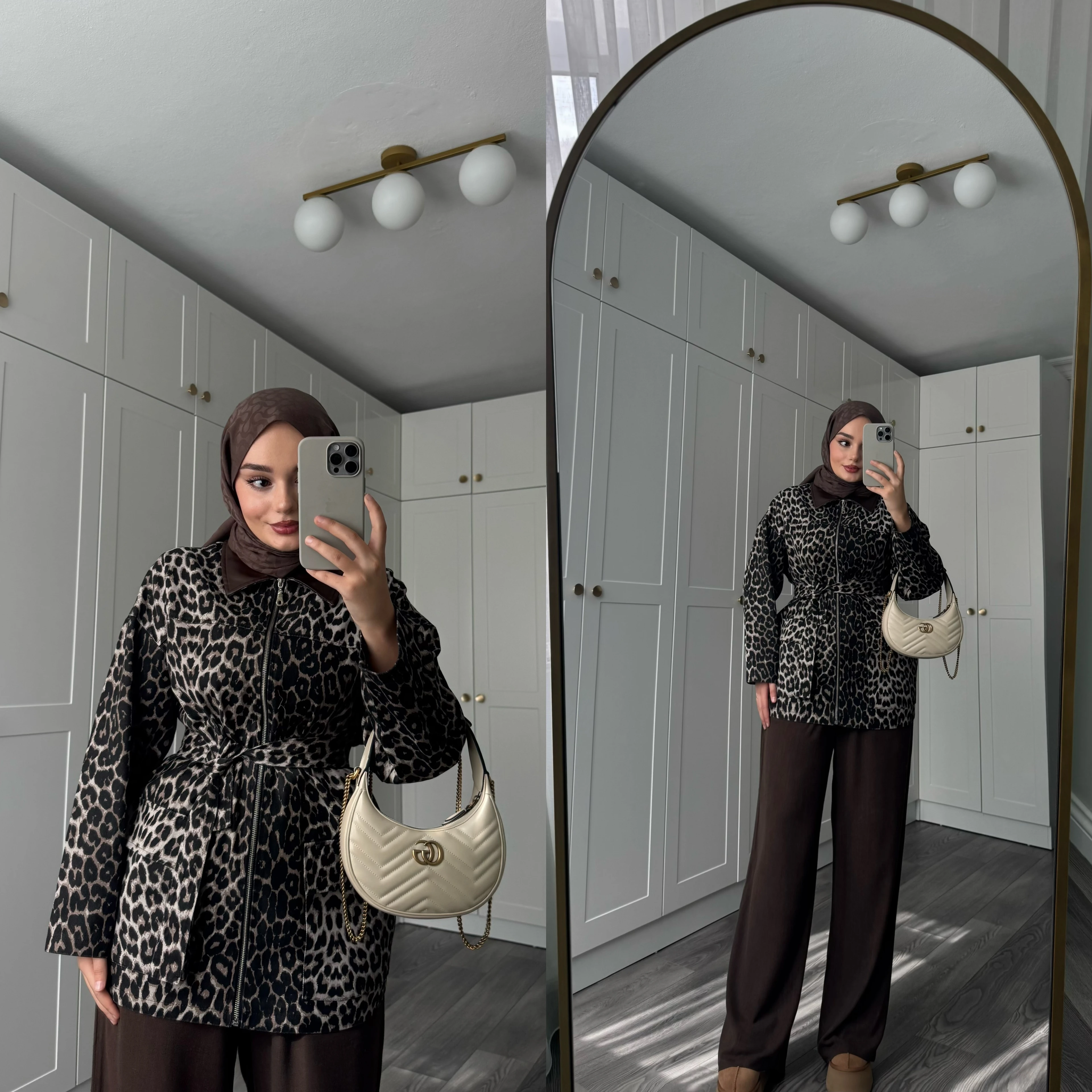 Deri Yakalı Leopar Ceket Kahve 