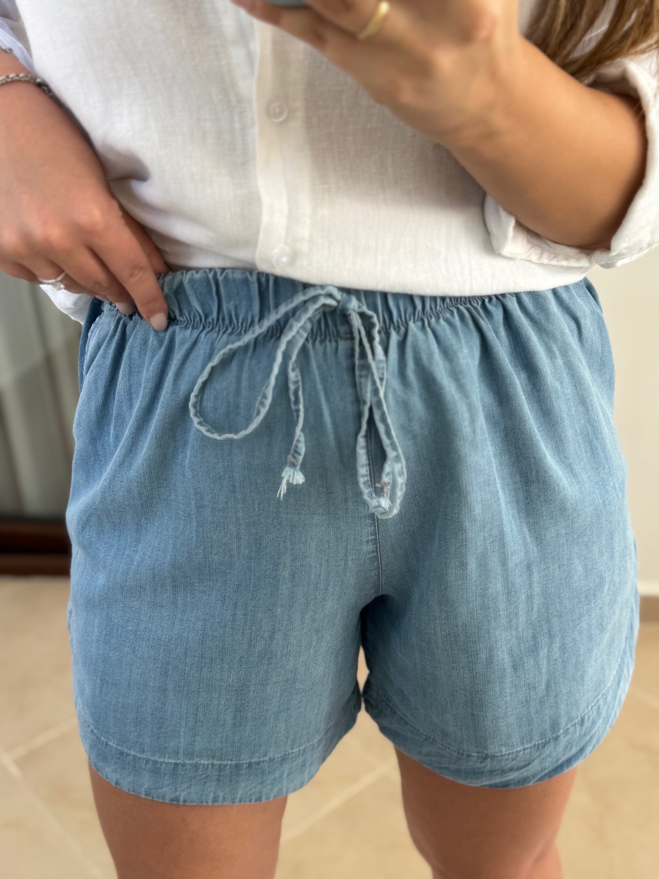 Tensel Beli Lastikli Denim Şort
