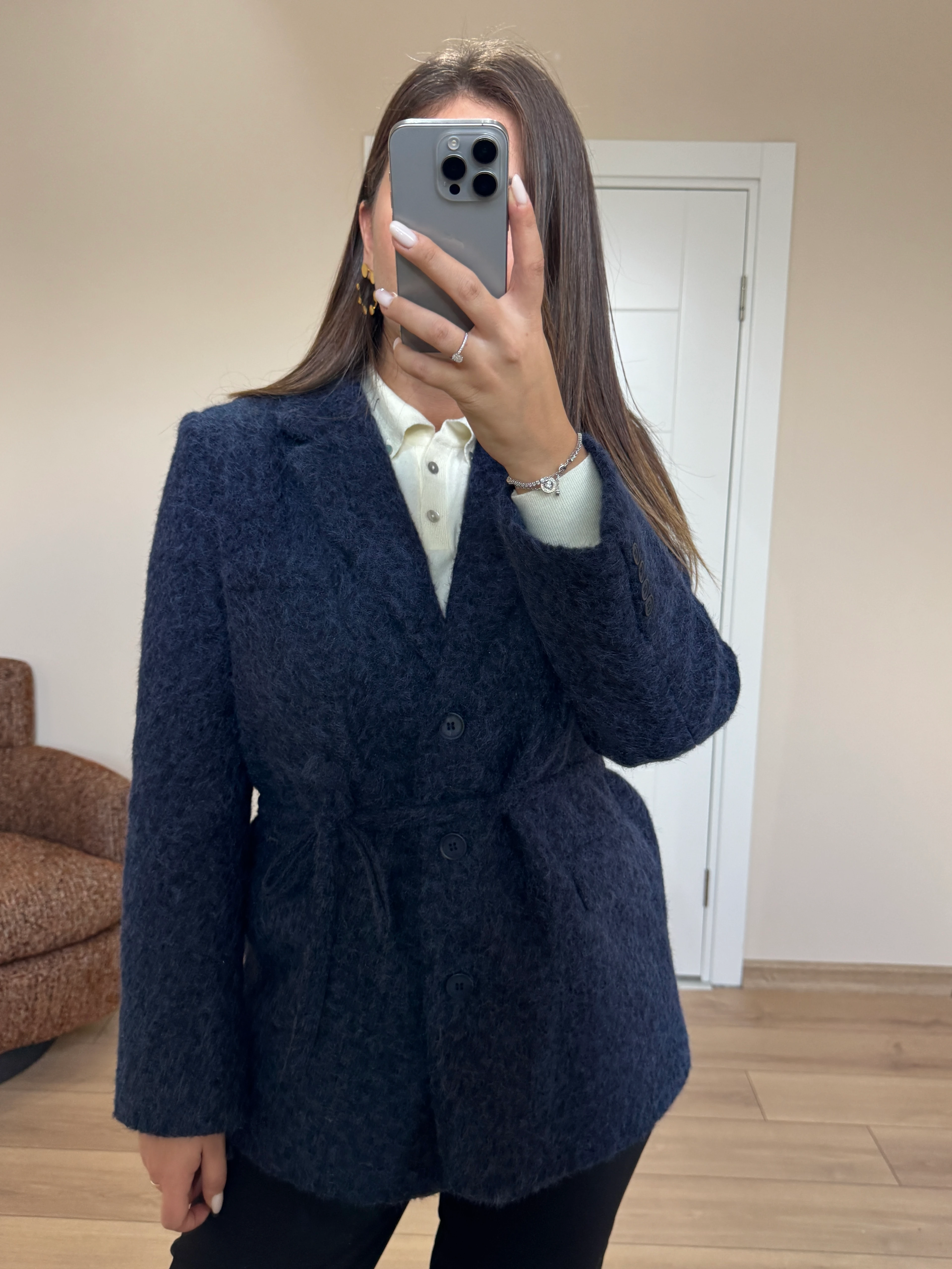 Buklet Belden Bağlamalı Kaşe Ceket - Lacivert