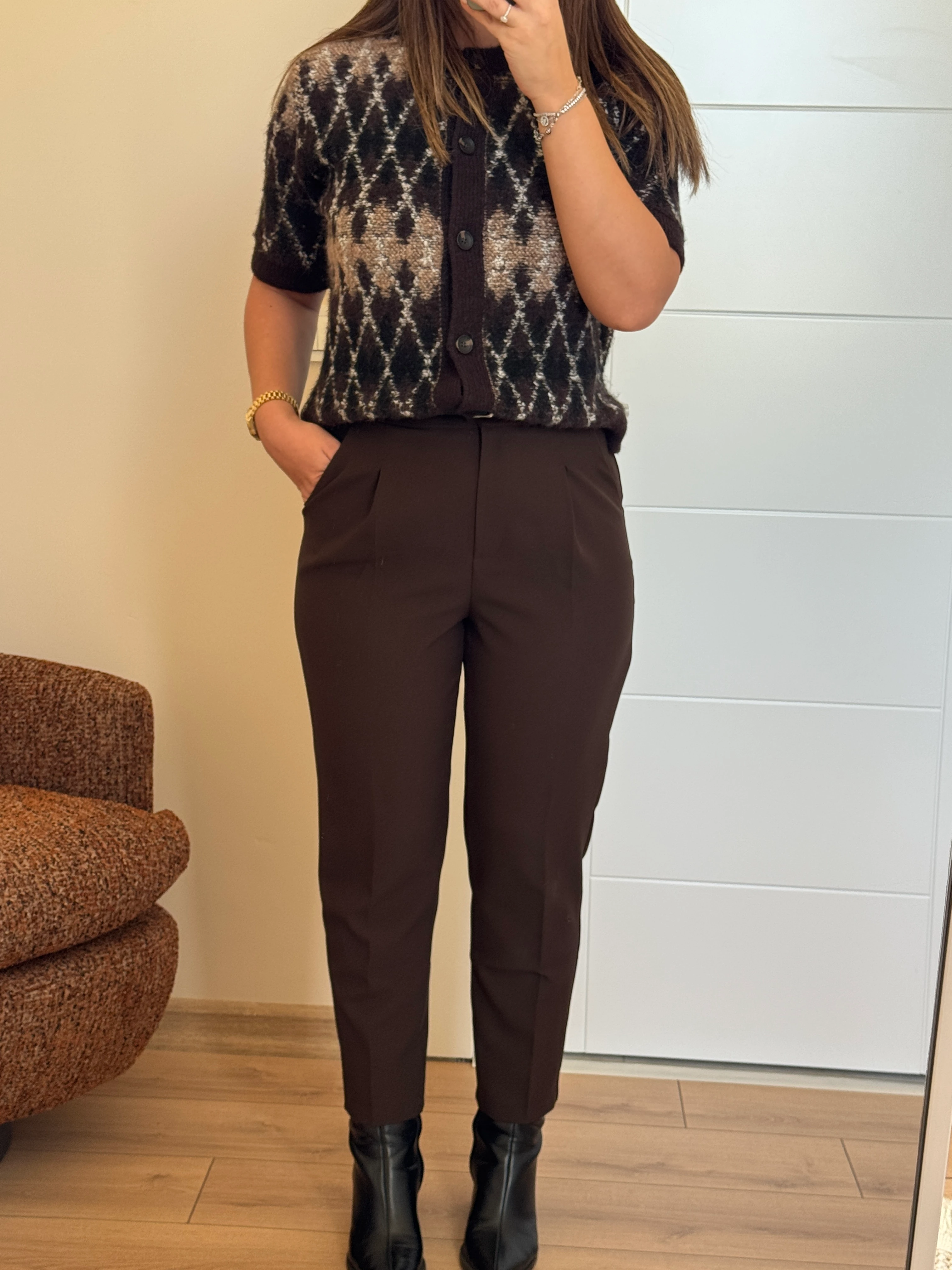 Yüksek Bel Kemerli Flatolu Pantolon - Acı Kahve