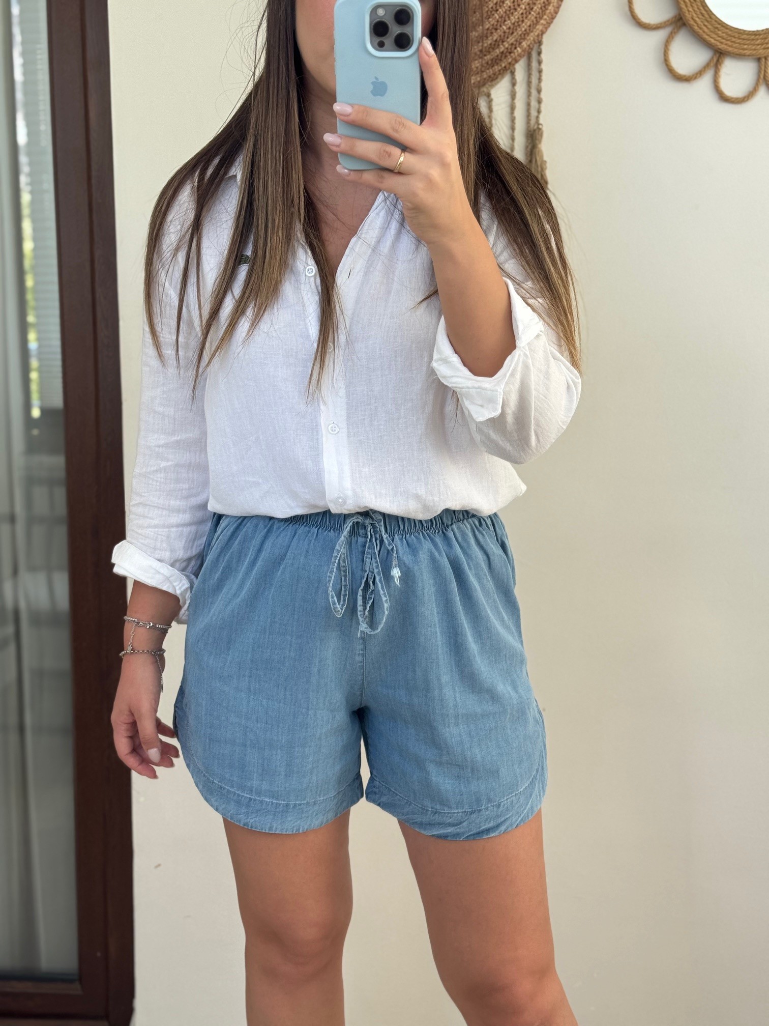 Tensel Beli Lastikli Denim Şort