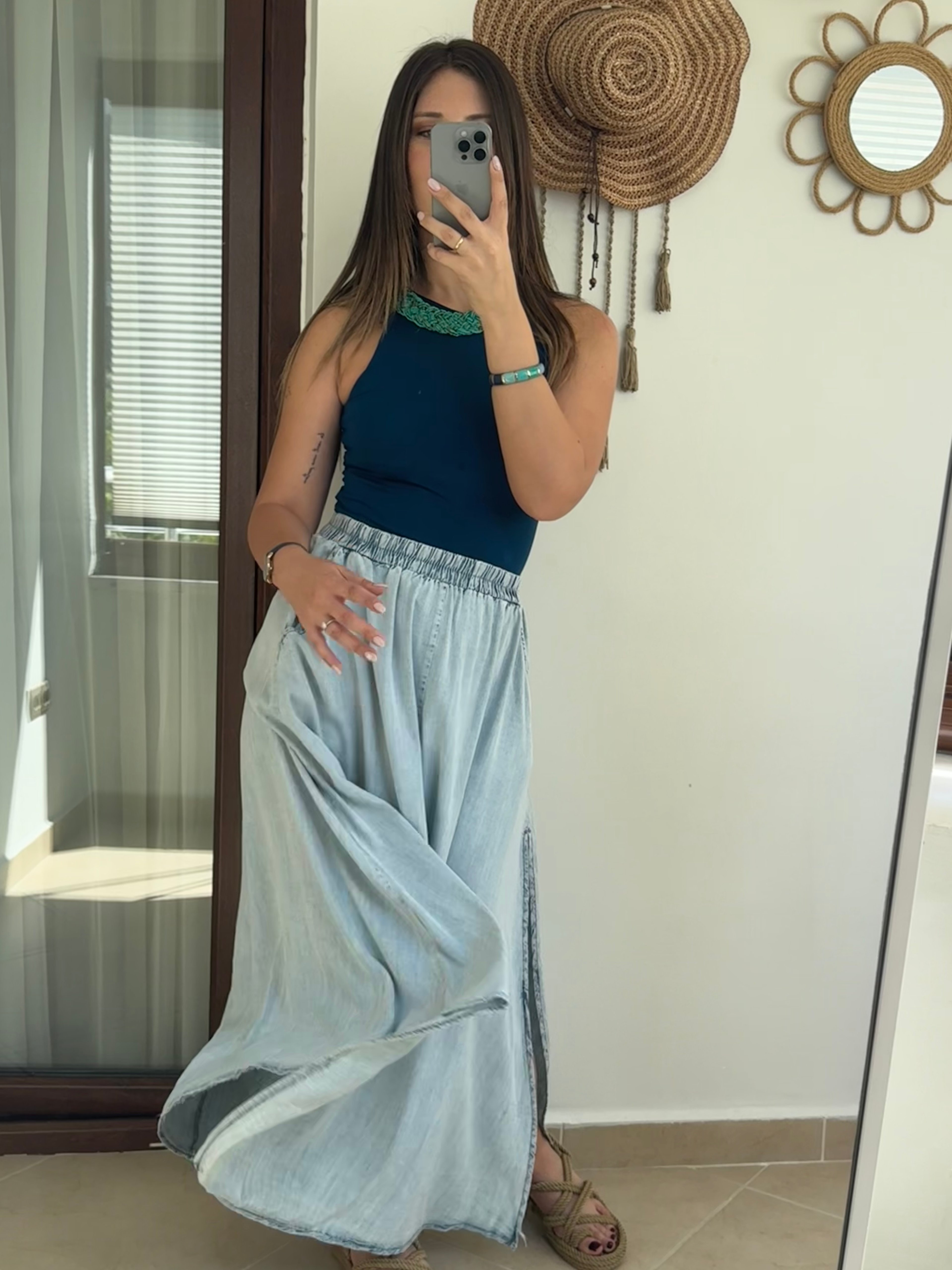 Tensel Yırtmaçlı Denim Etek