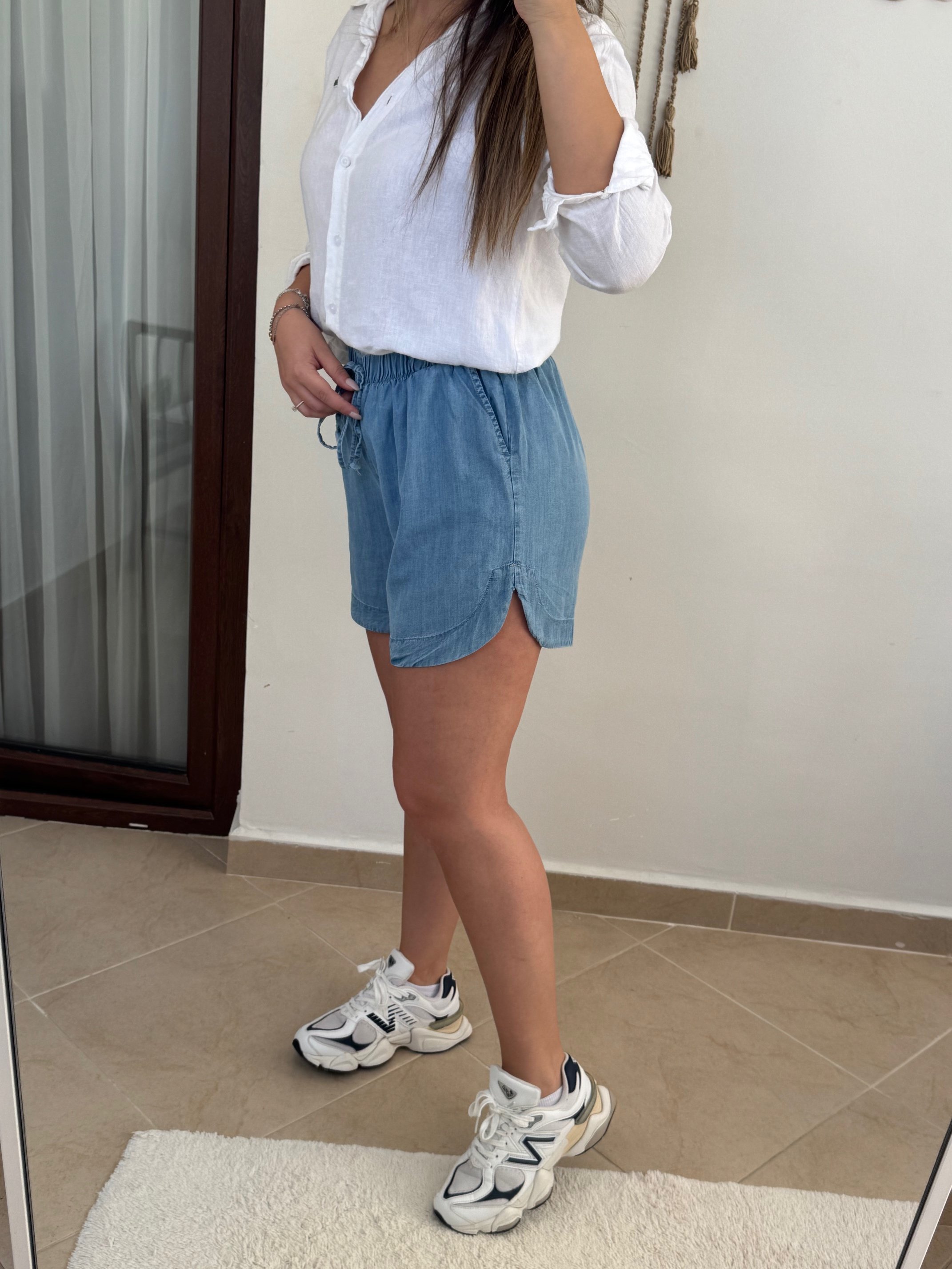 Tensel Beli Lastikli Denim Şort