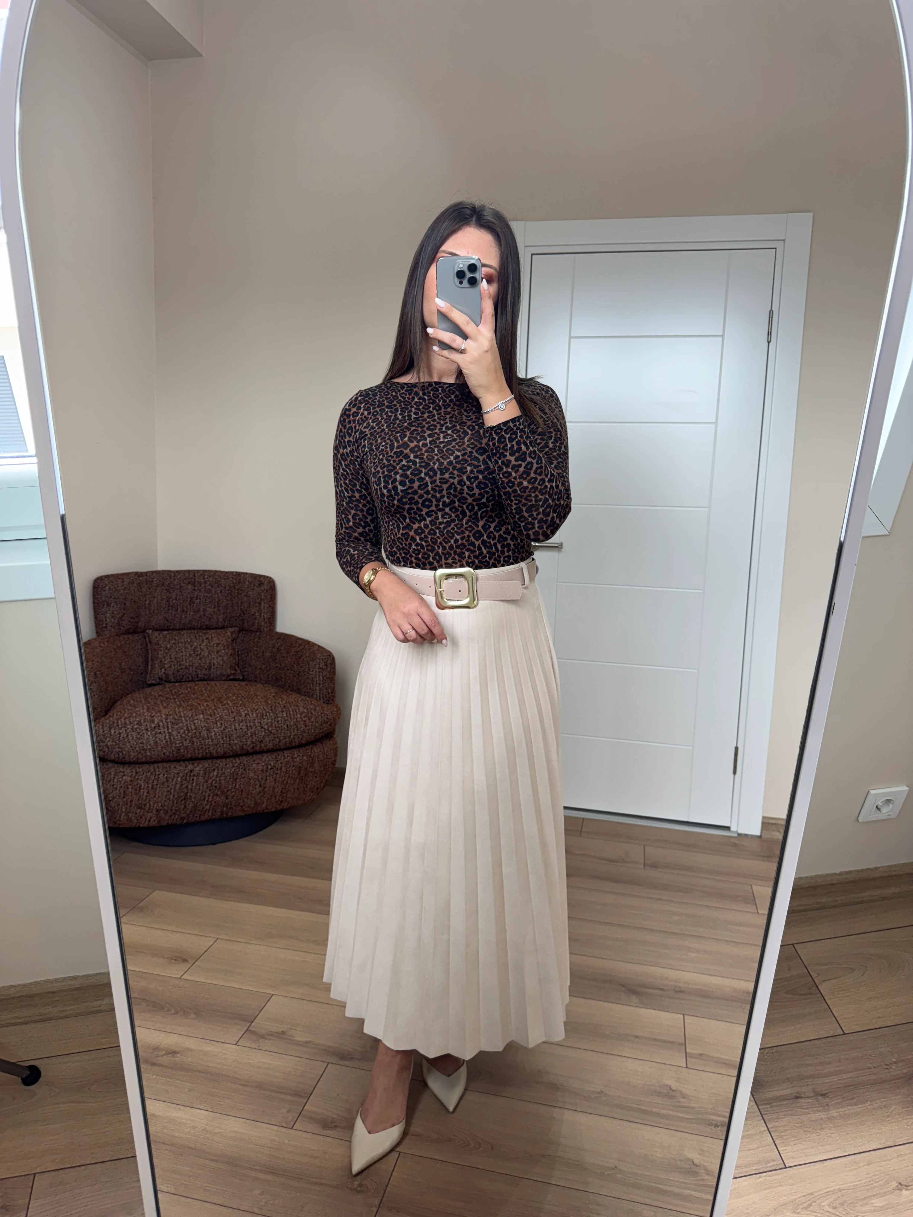 Premium Kalite Kemerli Nubuk Midi Etek - Ekru