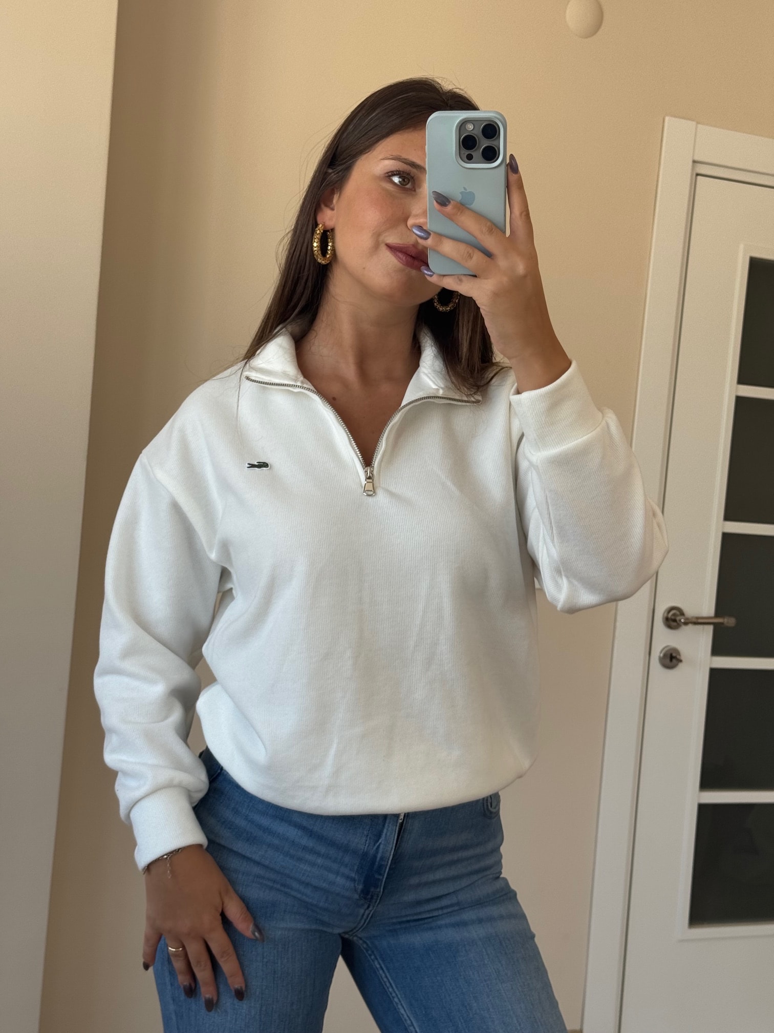 LCST Yarım Fermuarlı Dik Yaka Sweatshirt - Beyaz