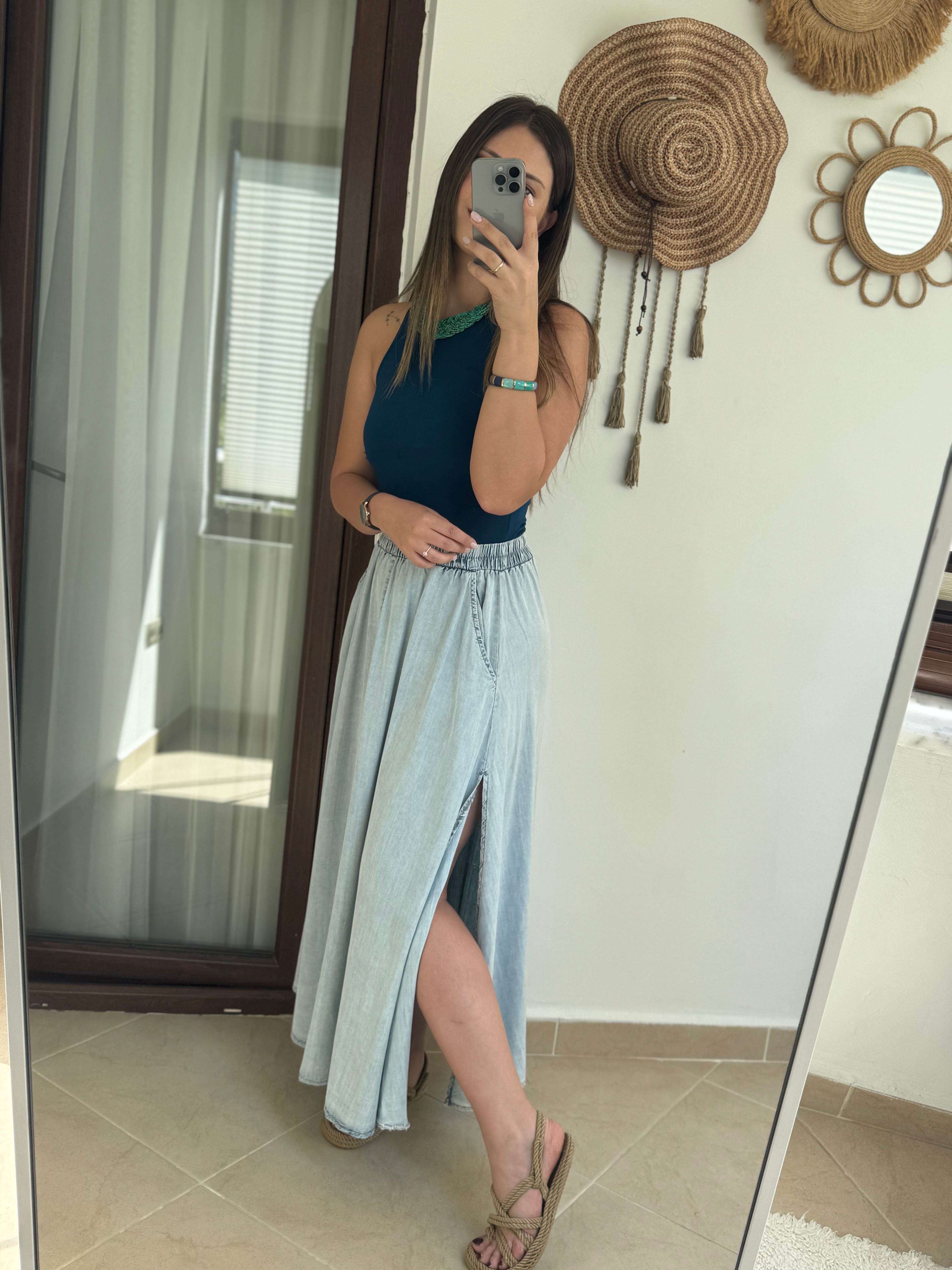 Tensel Yırtmaçlı Denim Etek