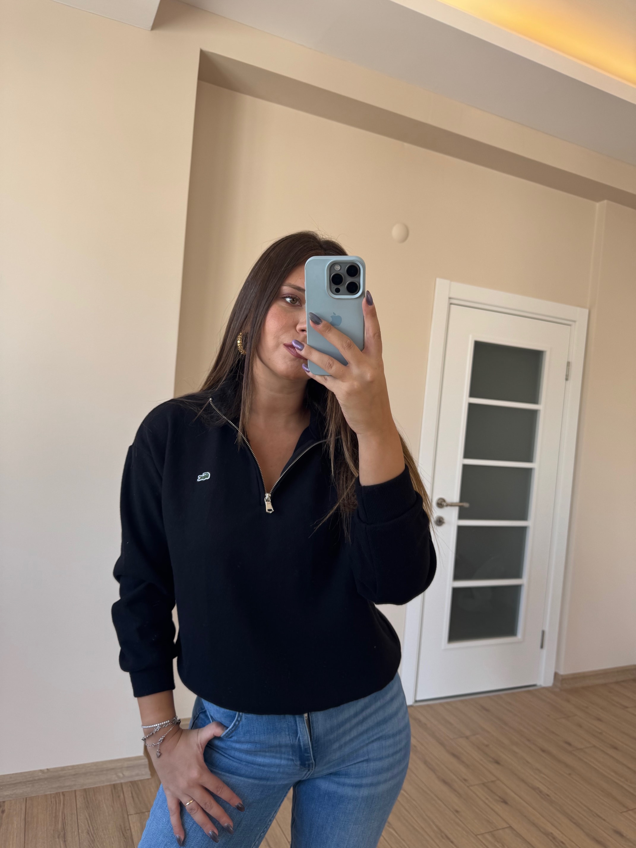 LCST Yarım Fermuarlı Dik Yaka Sweatshirt - Siyah