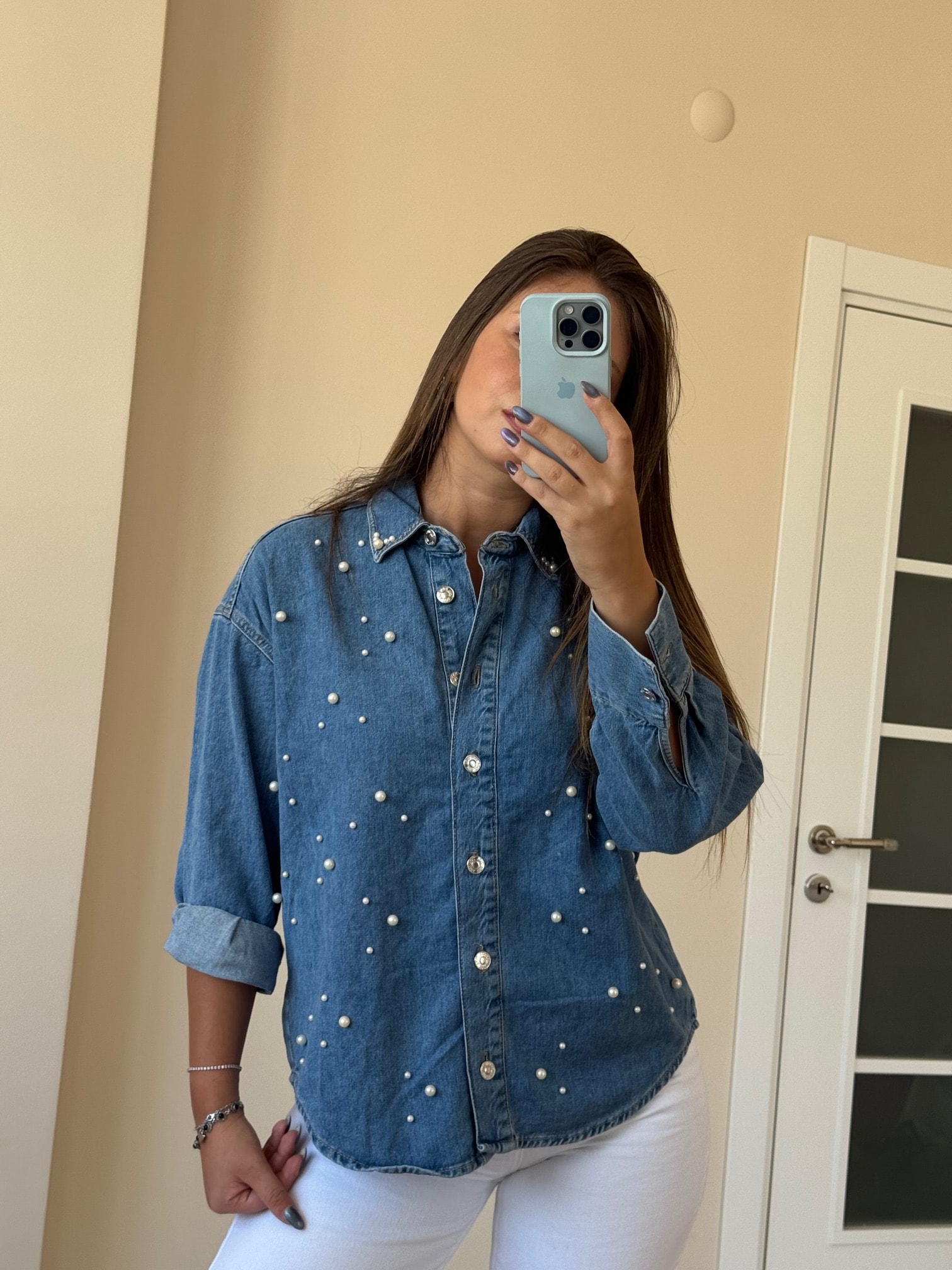 Zr İnci Detaylı Denim Gömlek