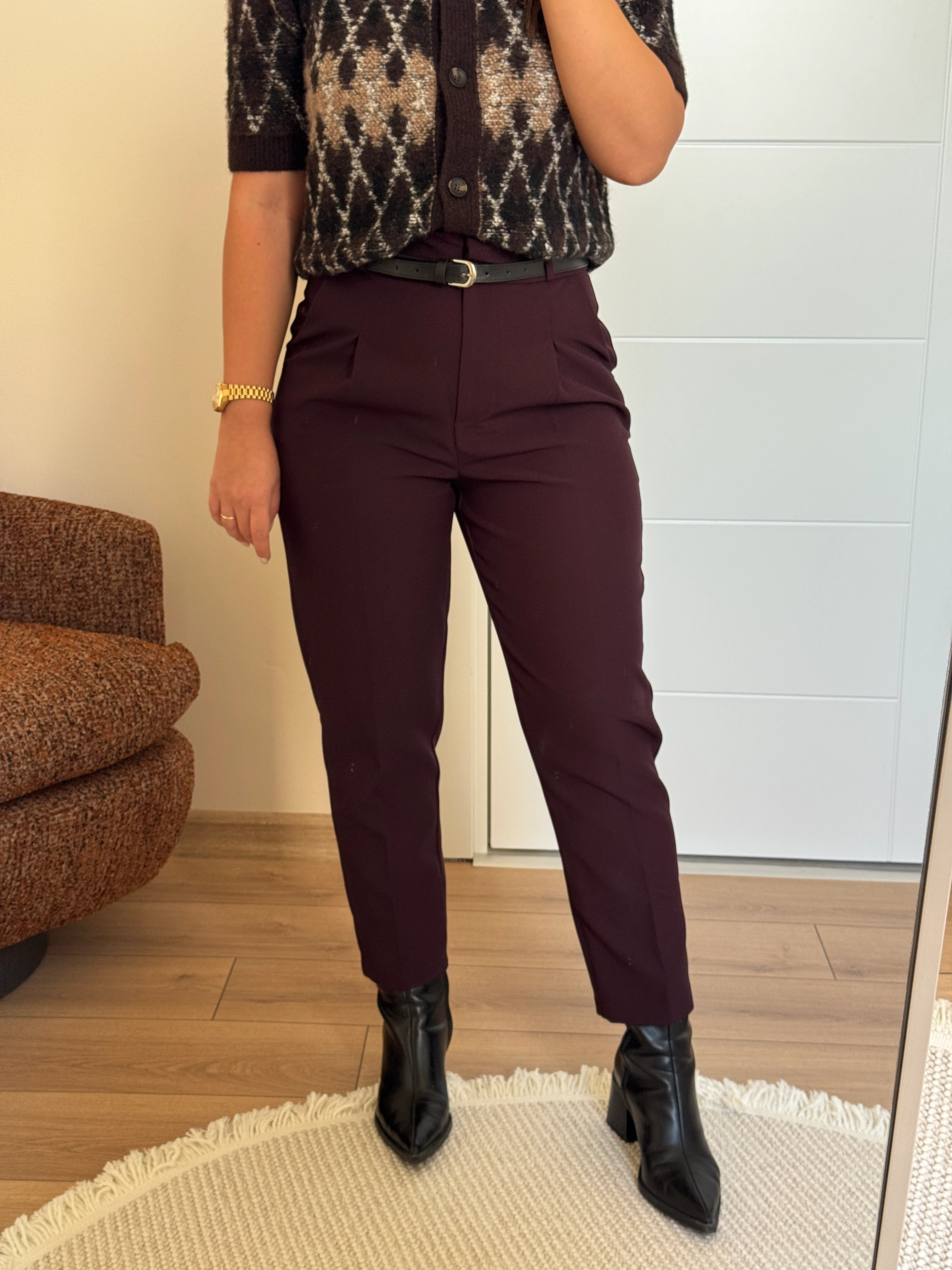 Yüksek Bel Kemerli Flatolu Pantolon - Mürdüm