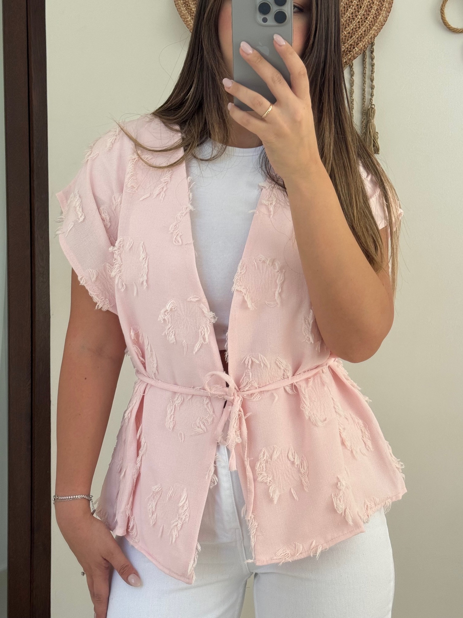 Püskül Detaylı Bağcıklı Kimono - Pembe