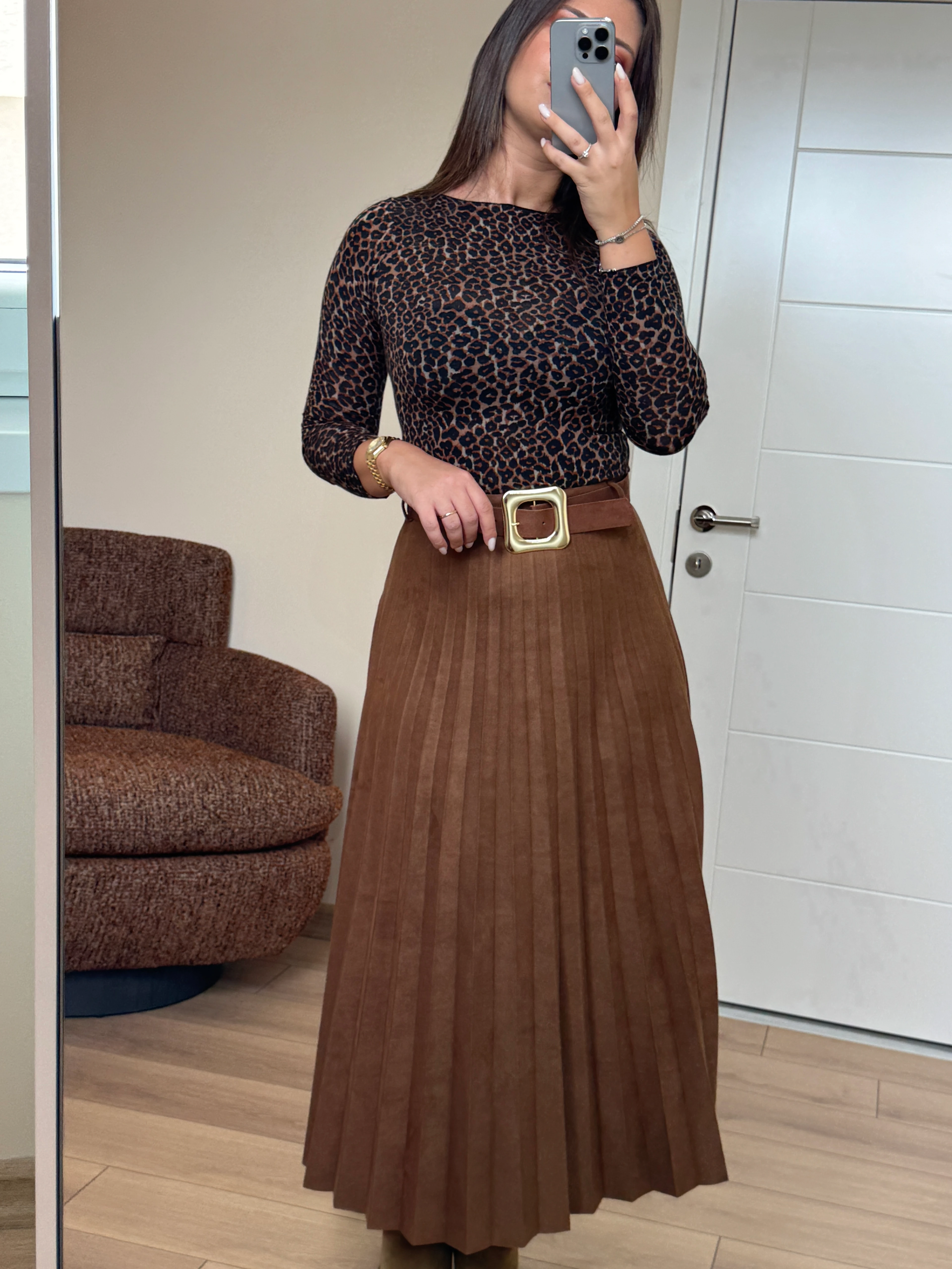 Premium Kalite Kemerli Nubuk Midi Etek - Taba