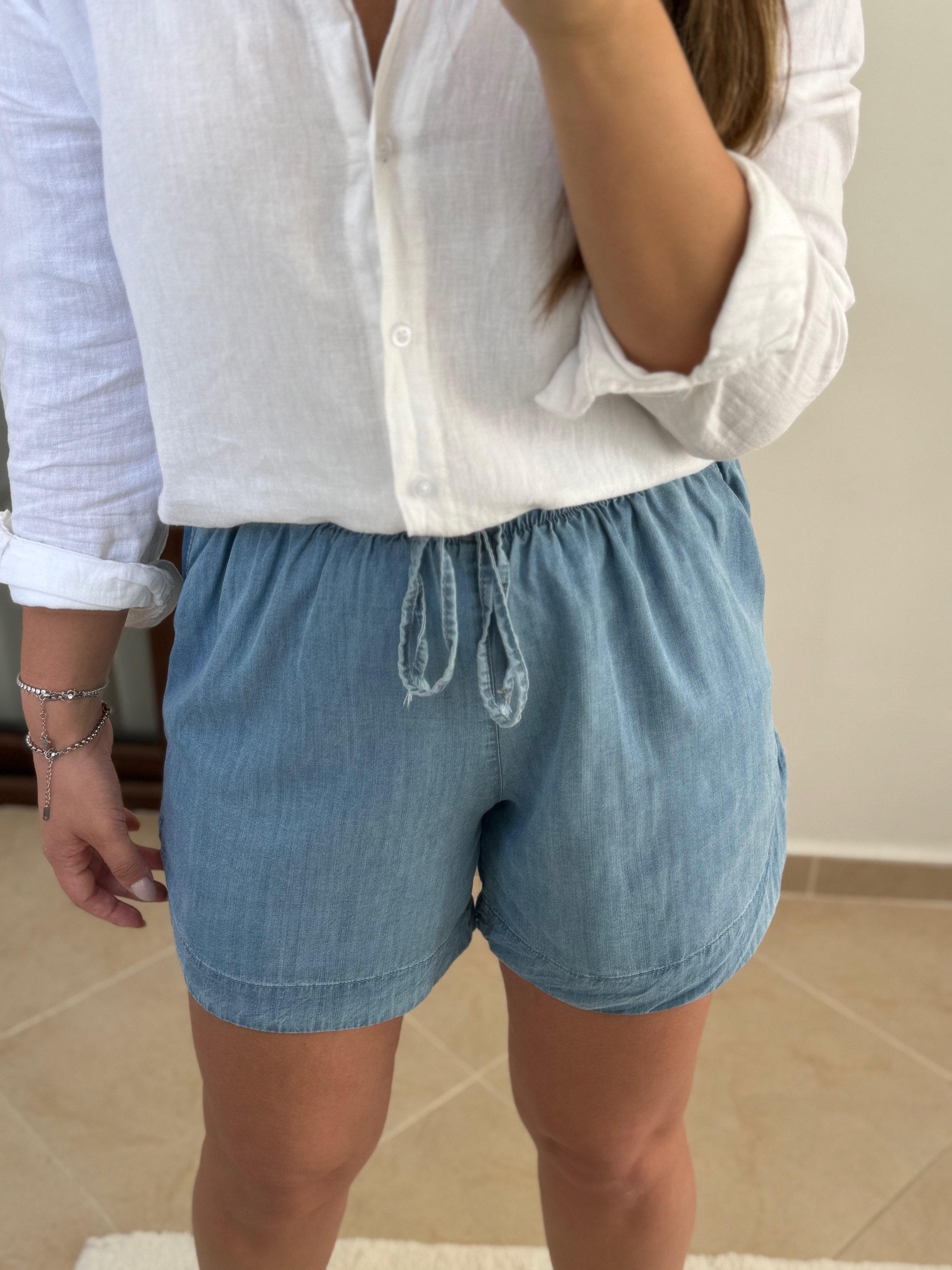Tensel Beli Lastikli Denim Şort