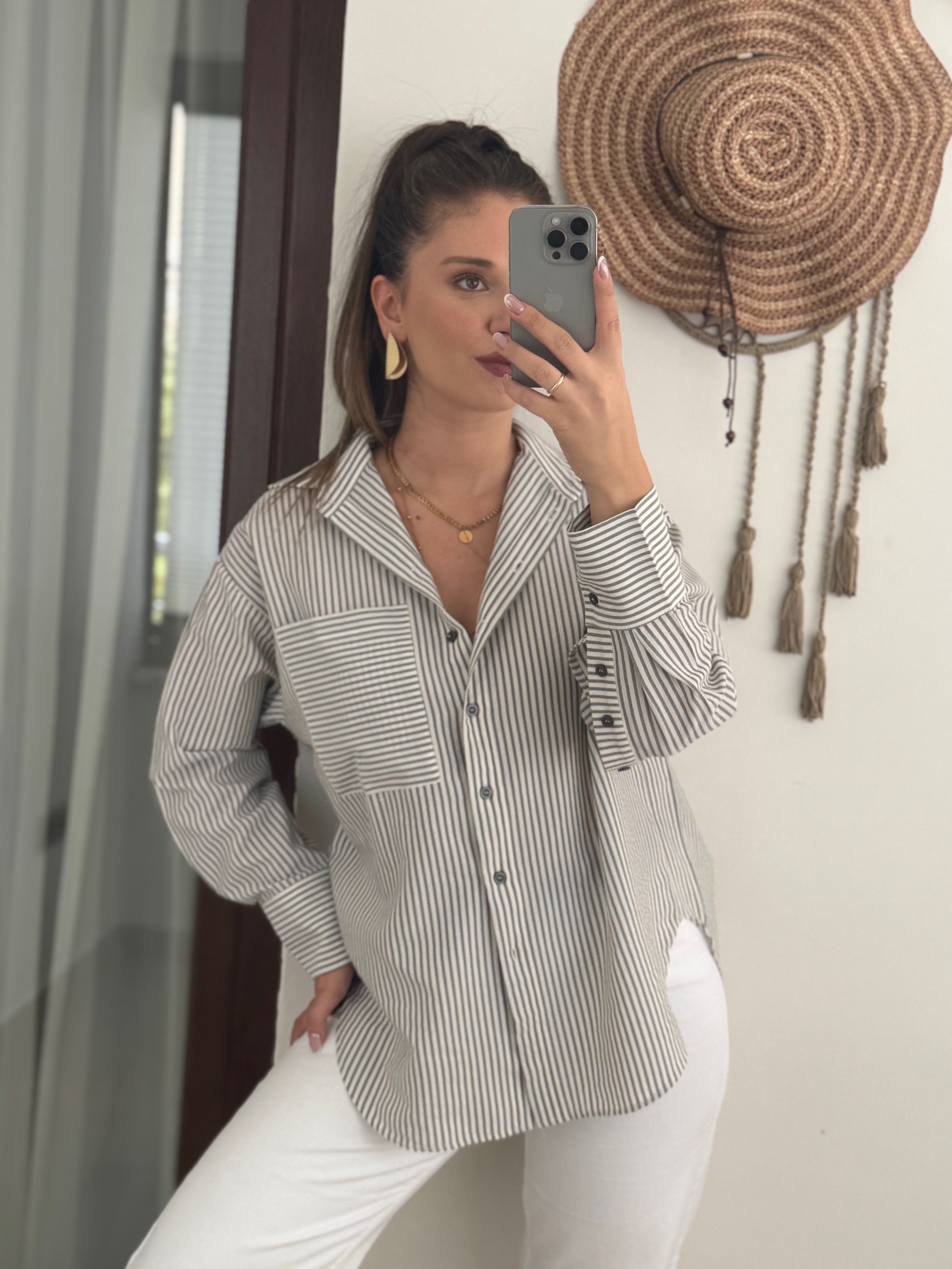ZR Çizgili Oversize Gömlek - Gri