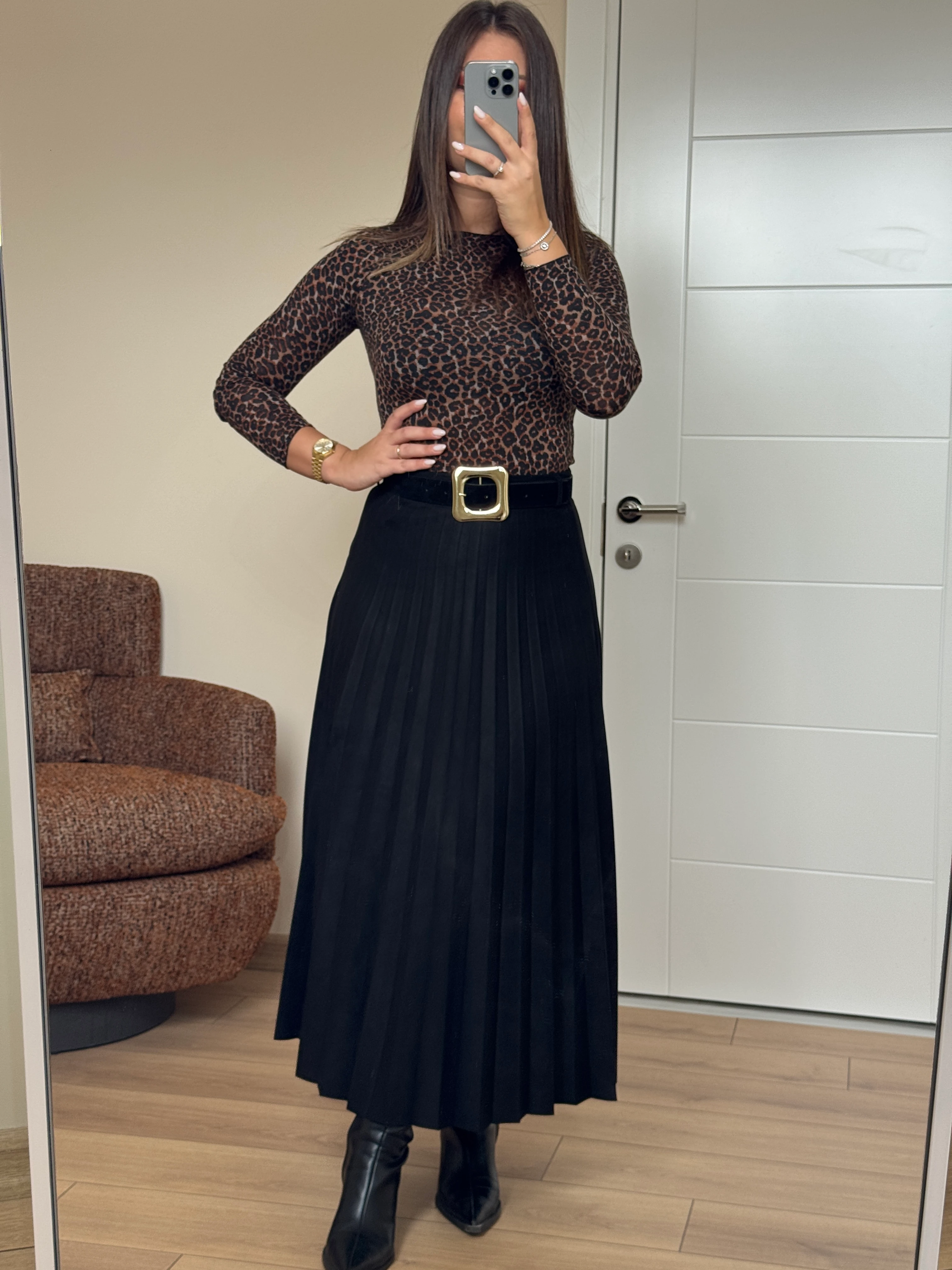 Premium Kalite Kemerli Nubuk Midi Etek - Siyah