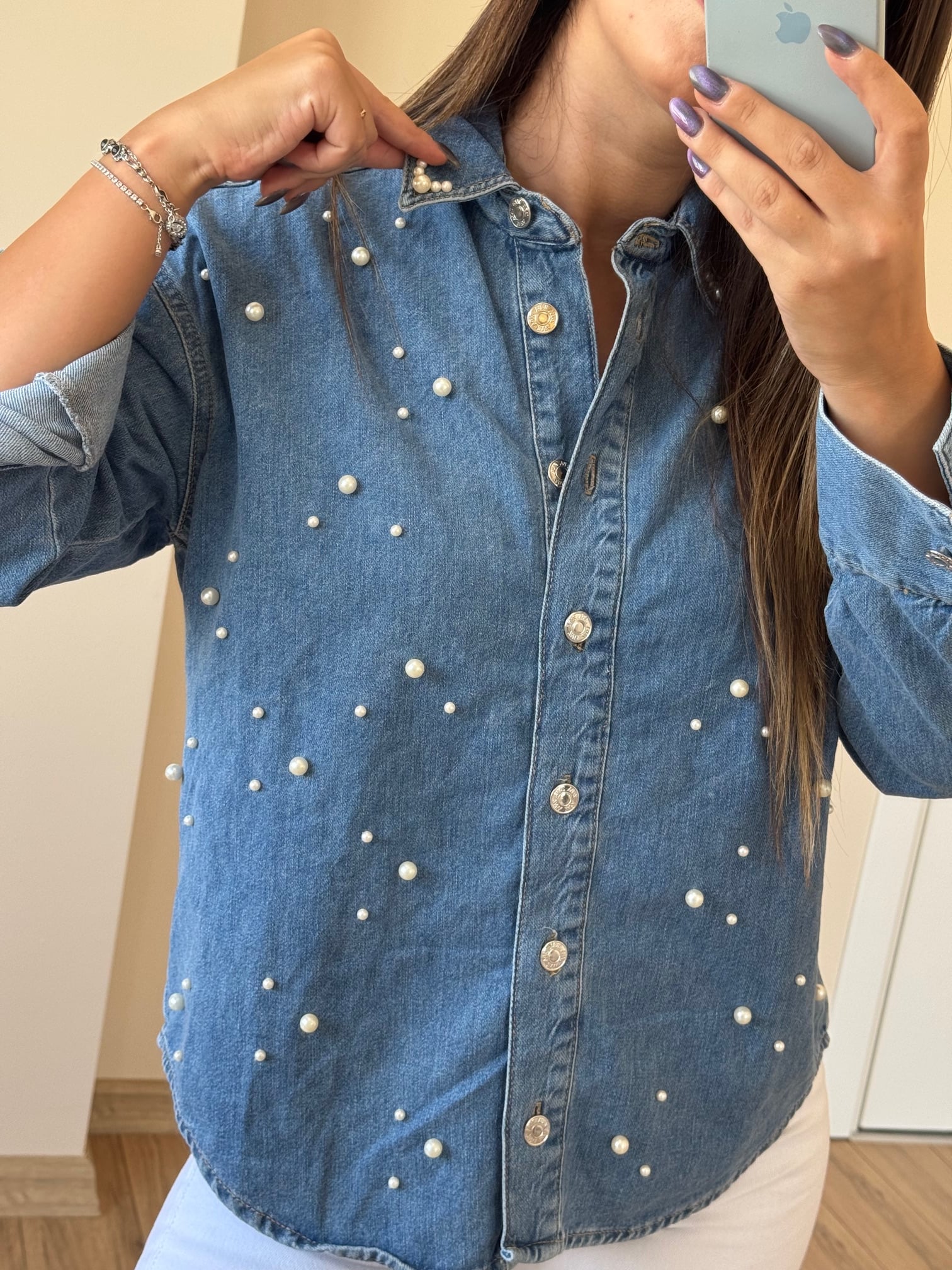 Zr İnci Detaylı Denim Gömlek