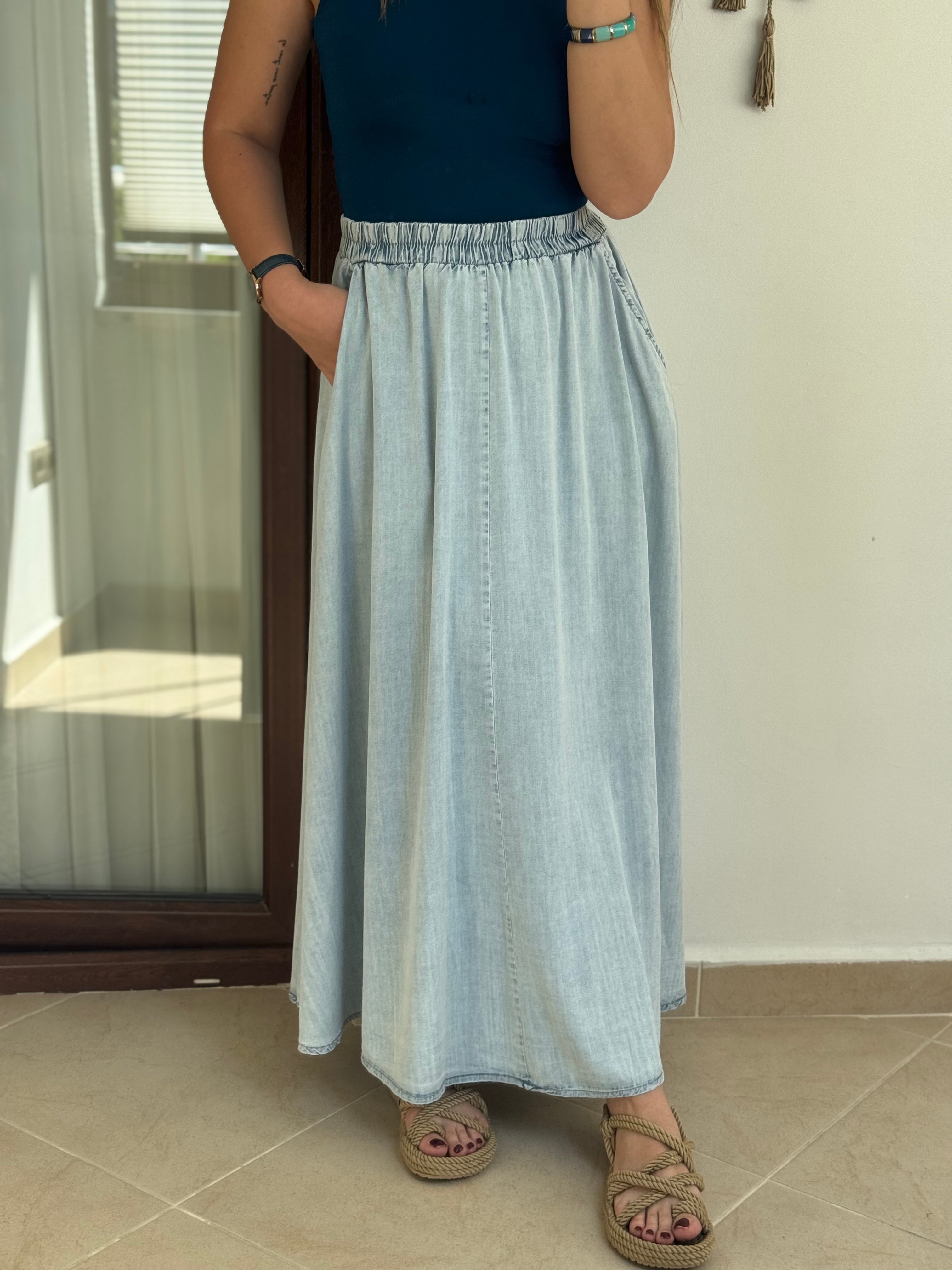 Tensel Yırtmaçlı Denim Etek