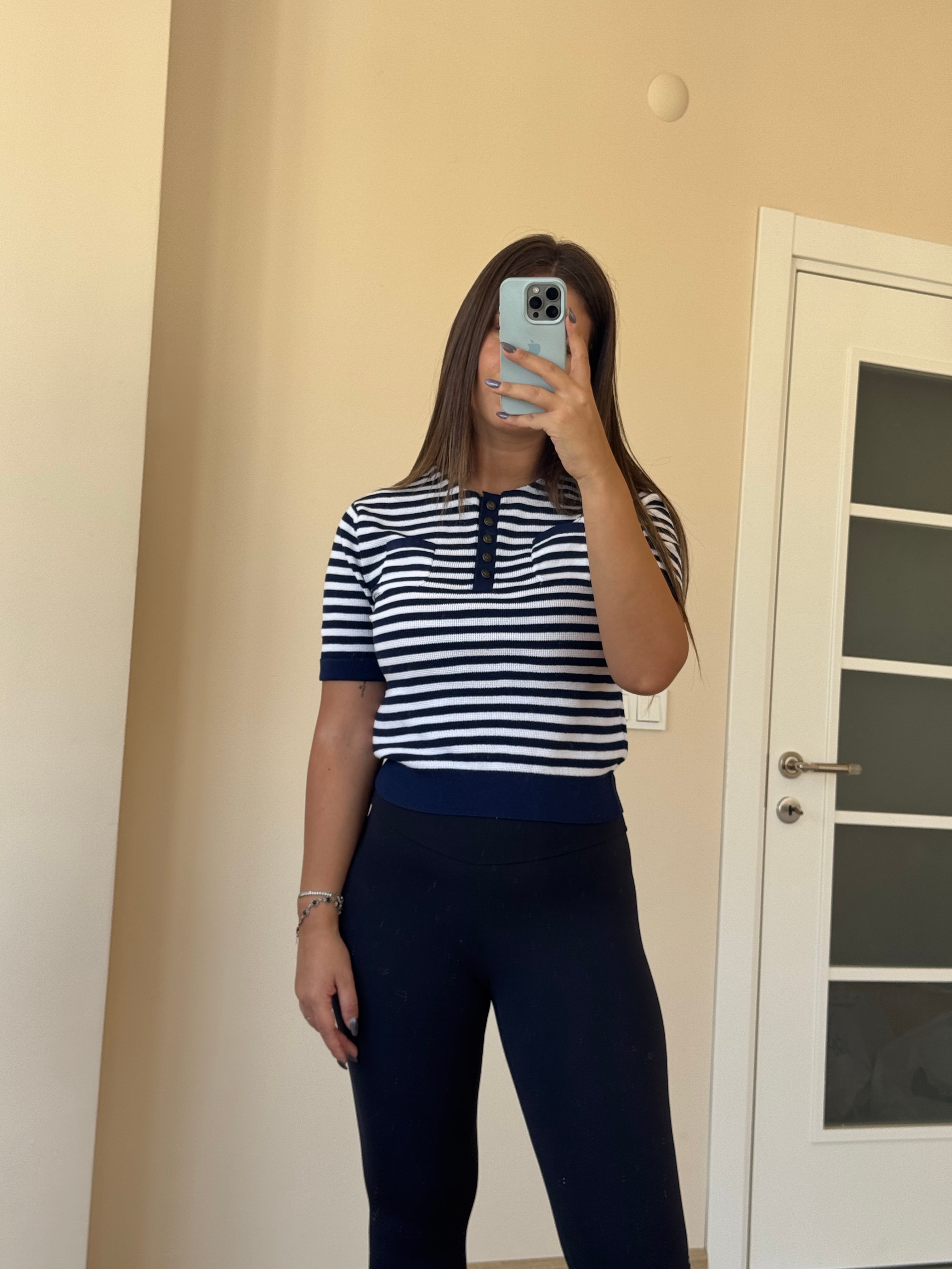 Bisiklet Yaka Çizgili Düğmeli Triko Bluz