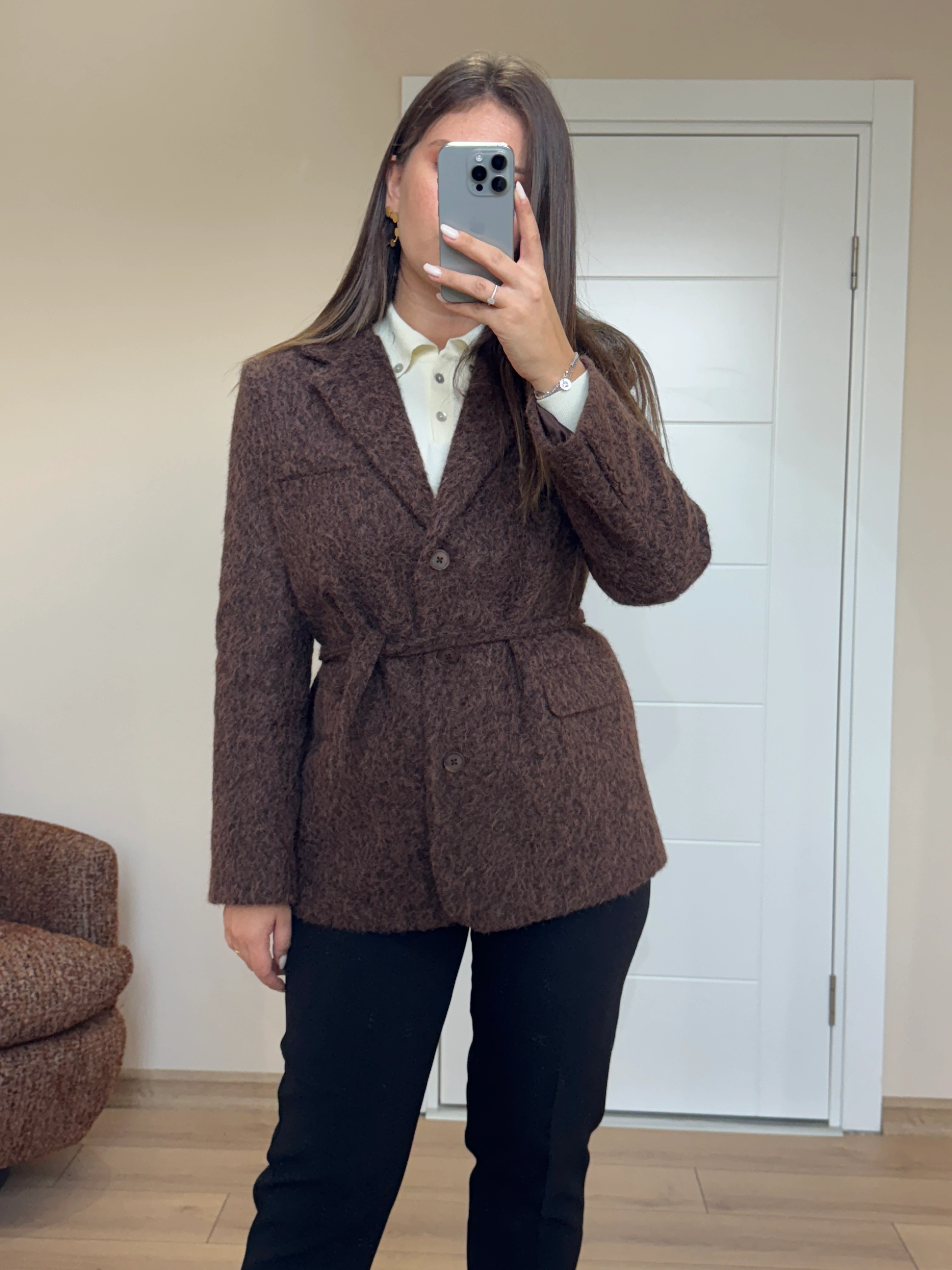 Buklet Belden Bağlamalı Kaşe Ceket - Kahverengi