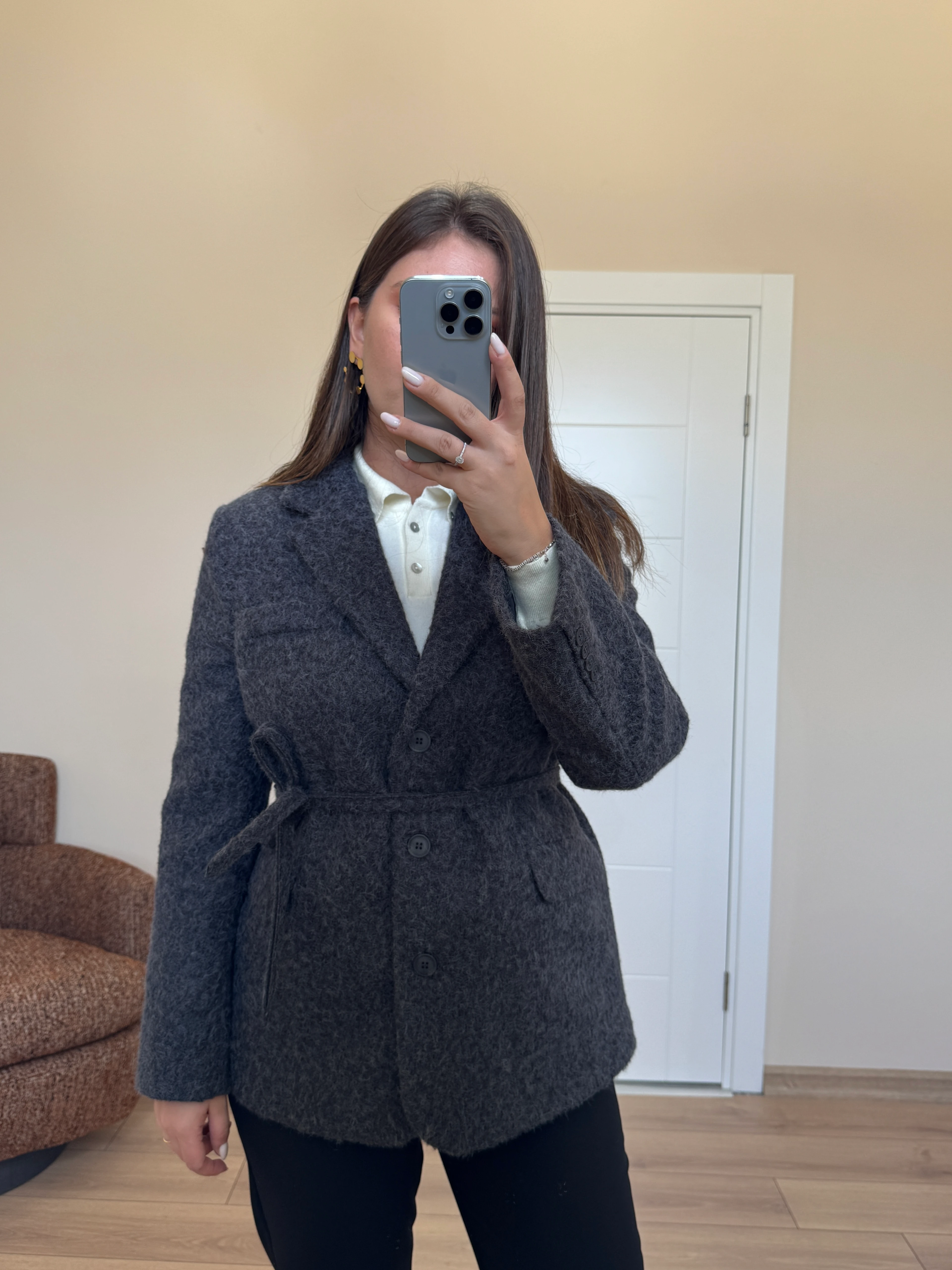 Buklet Belden Bağlamalı Kaşe Ceket - Antrasit