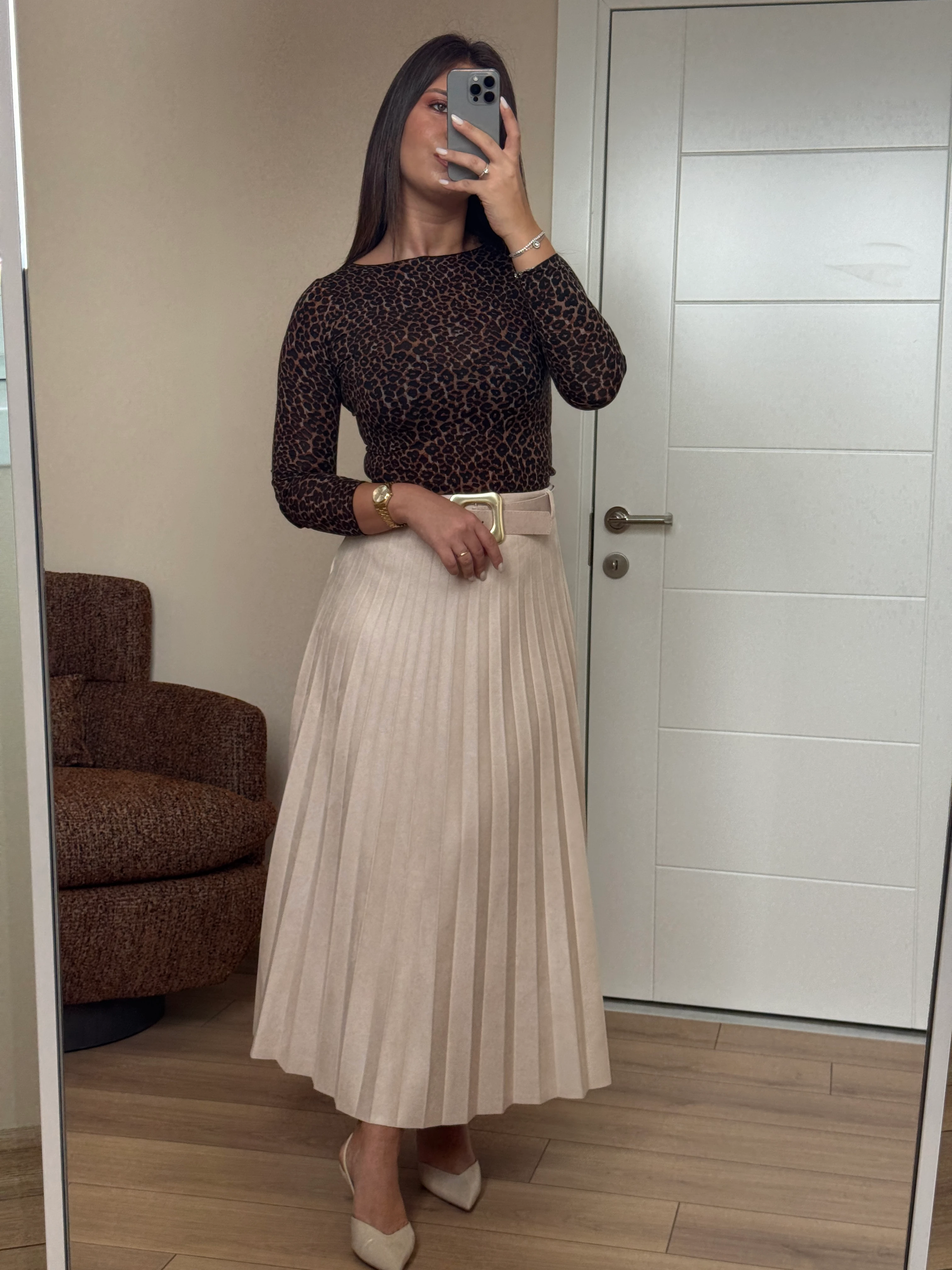 Premium Kalite Kemerli Nubuk Midi Etek