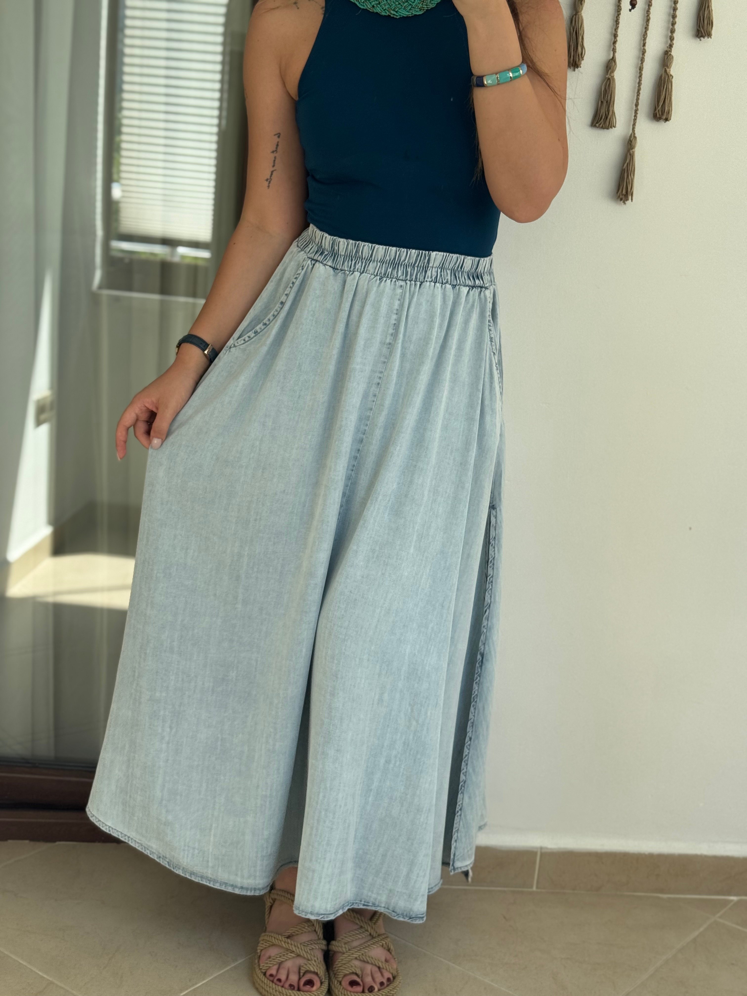 Tensel Yırtmaçlı Denim Etek