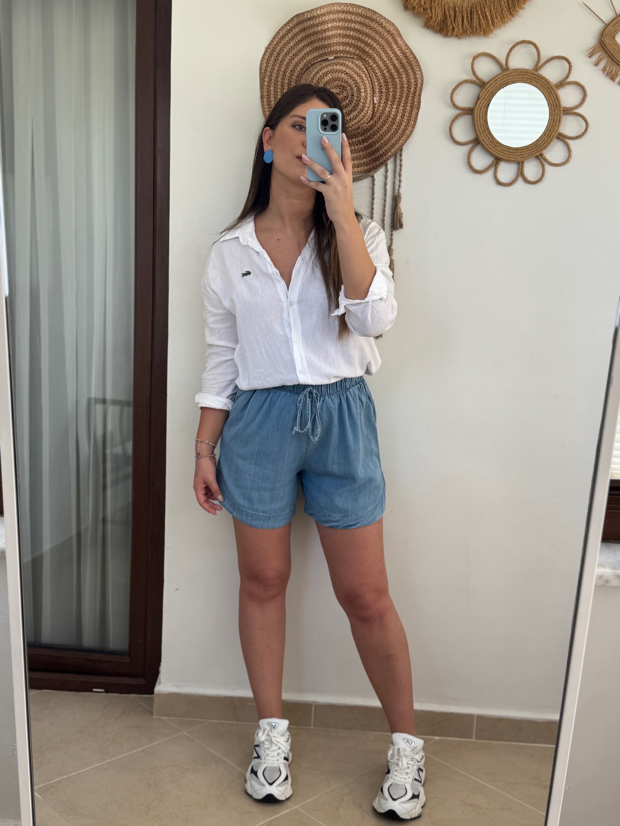 Tensel Beli Lastikli Denim Şort