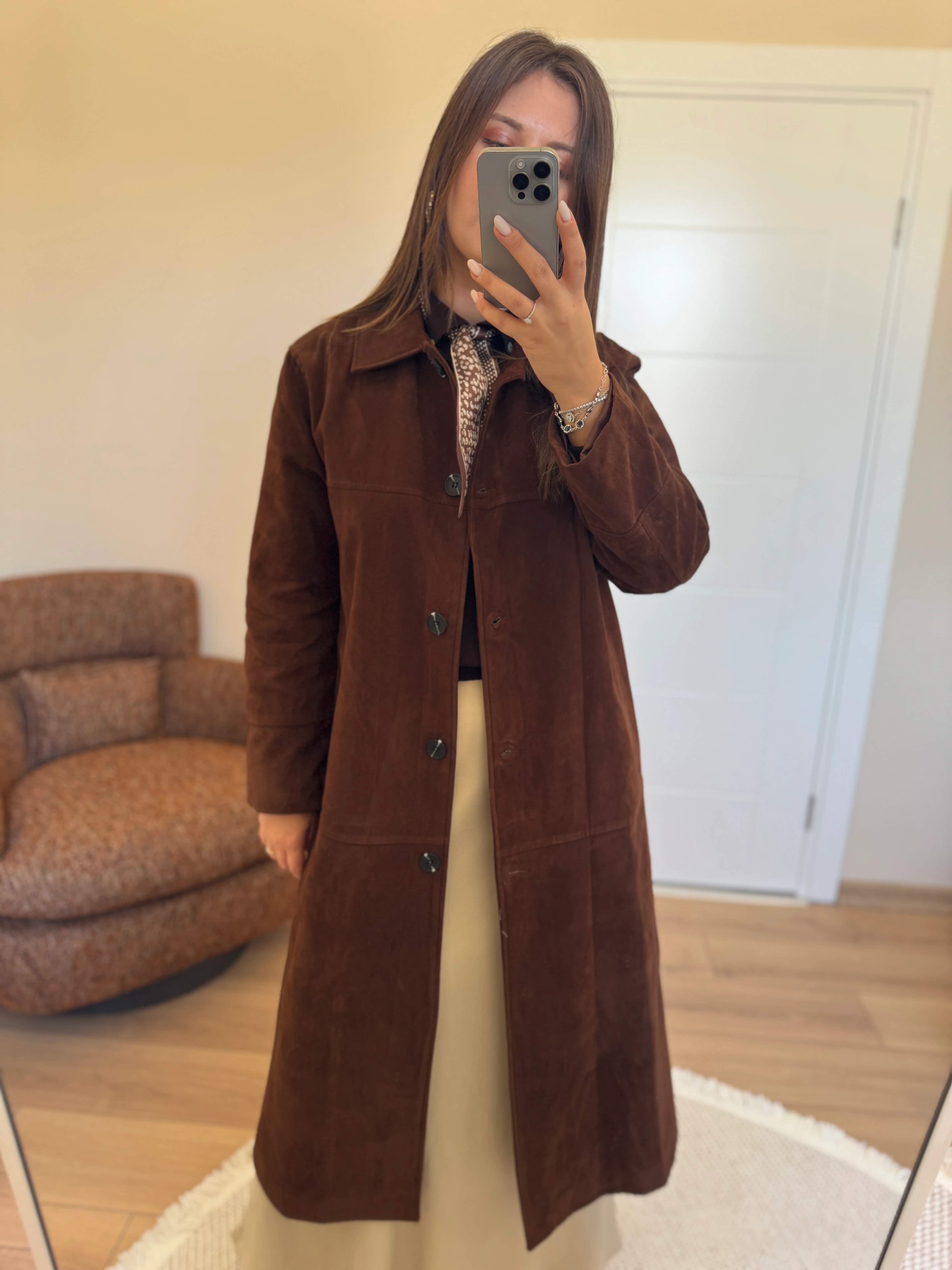 Midi Boy Süet Kaban - Acı Kahve