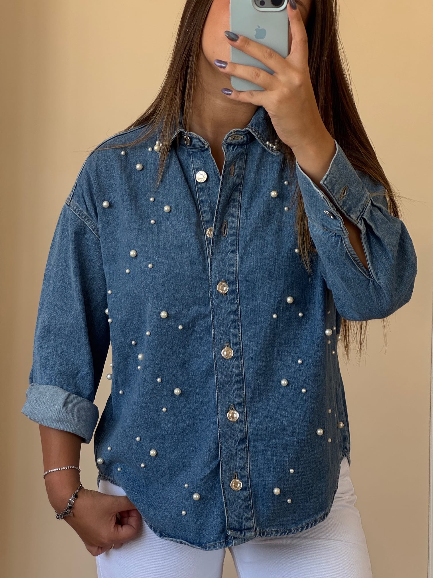 Zr İnci Detaylı Denim Gömlek
