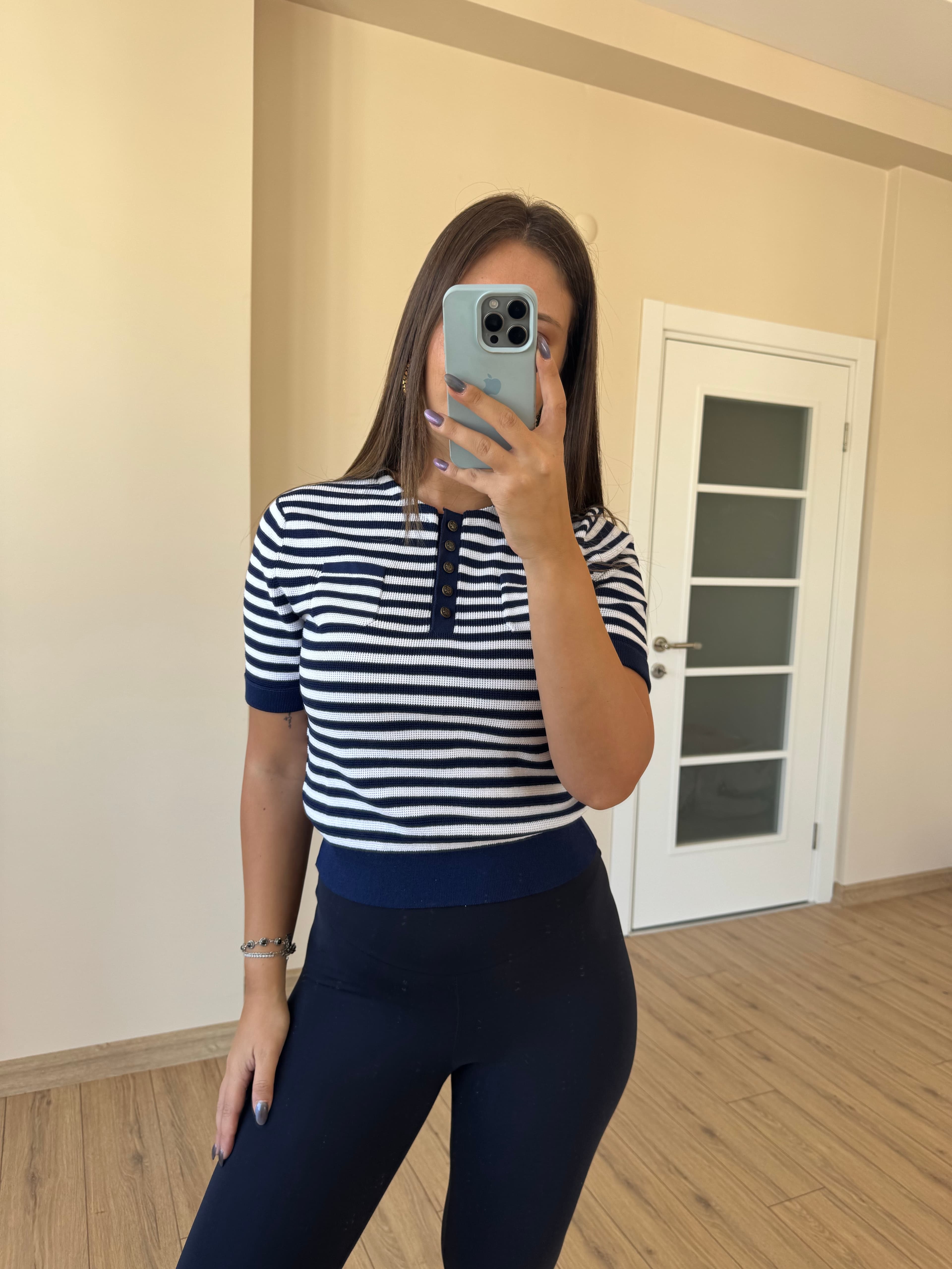 Bisiklet Yaka Çizgili Düğmeli Triko Bluz