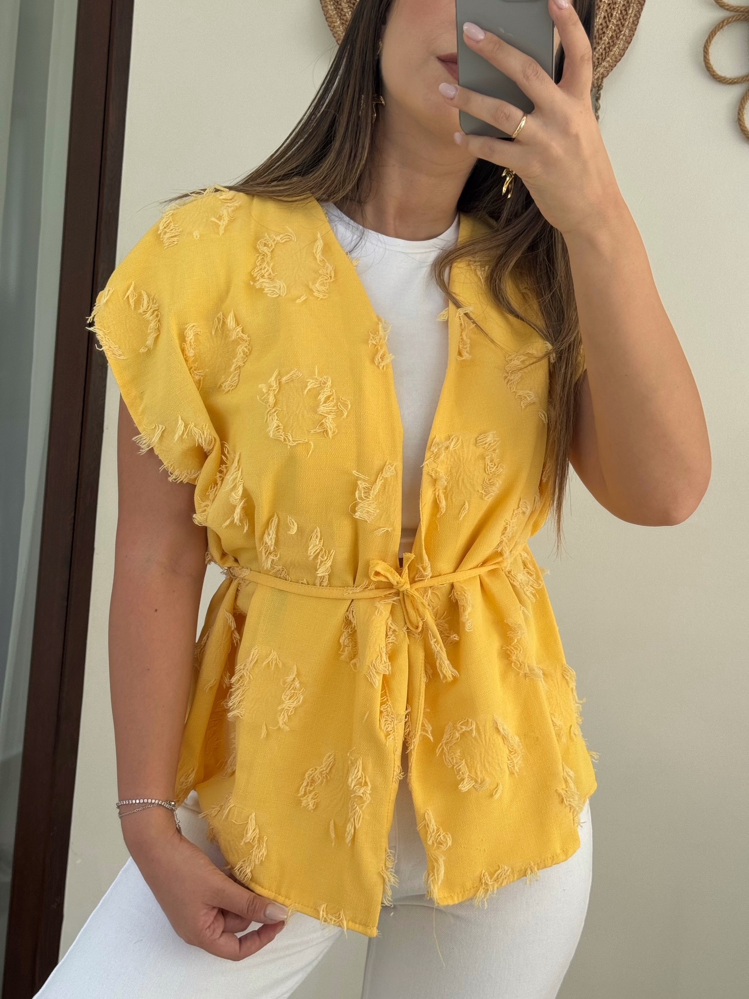Püskül Detaylı Bağcıklı Kimono - Sarı