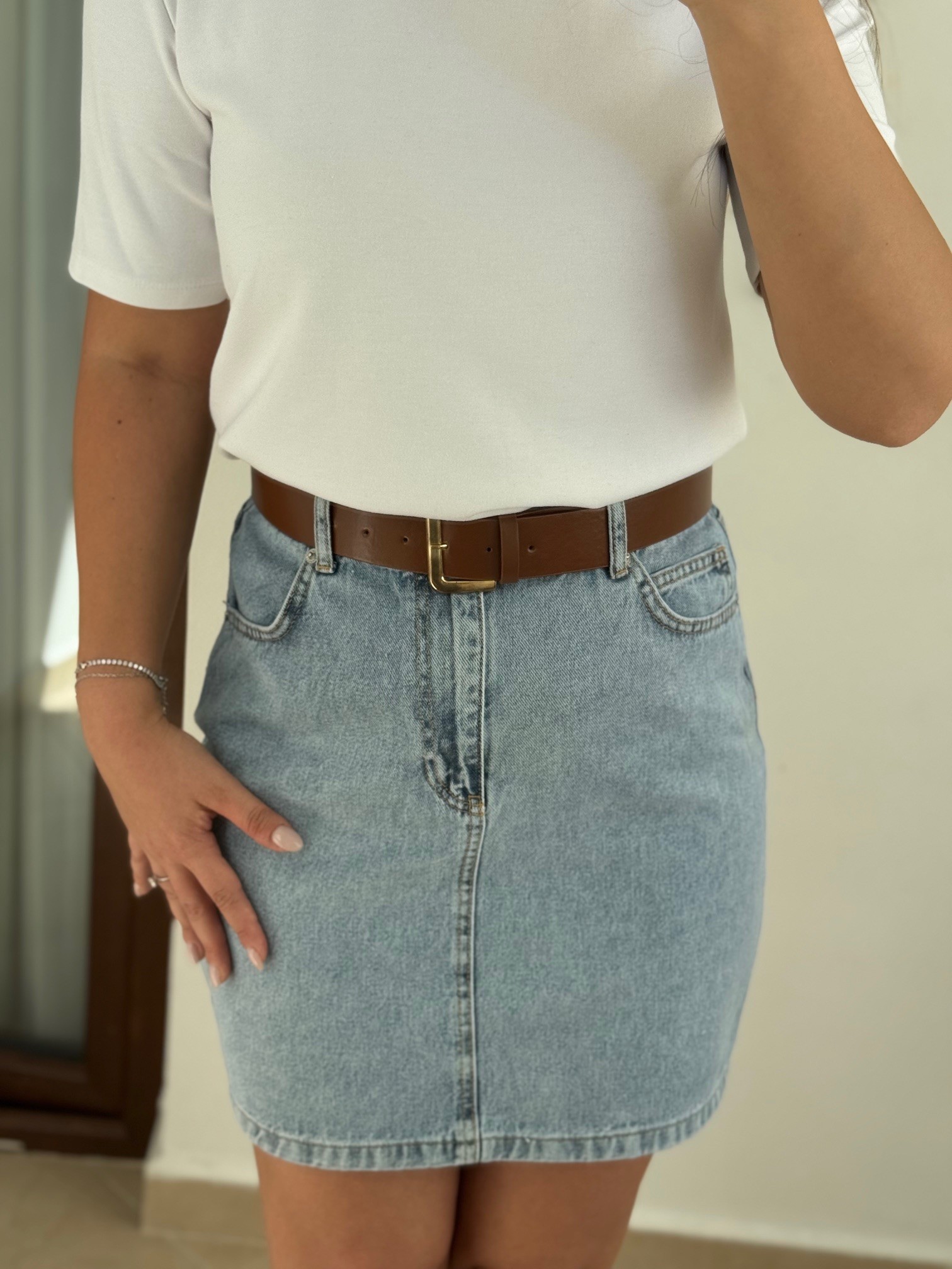 Kemer Detaylı Kısa Denim Etek - Mavi