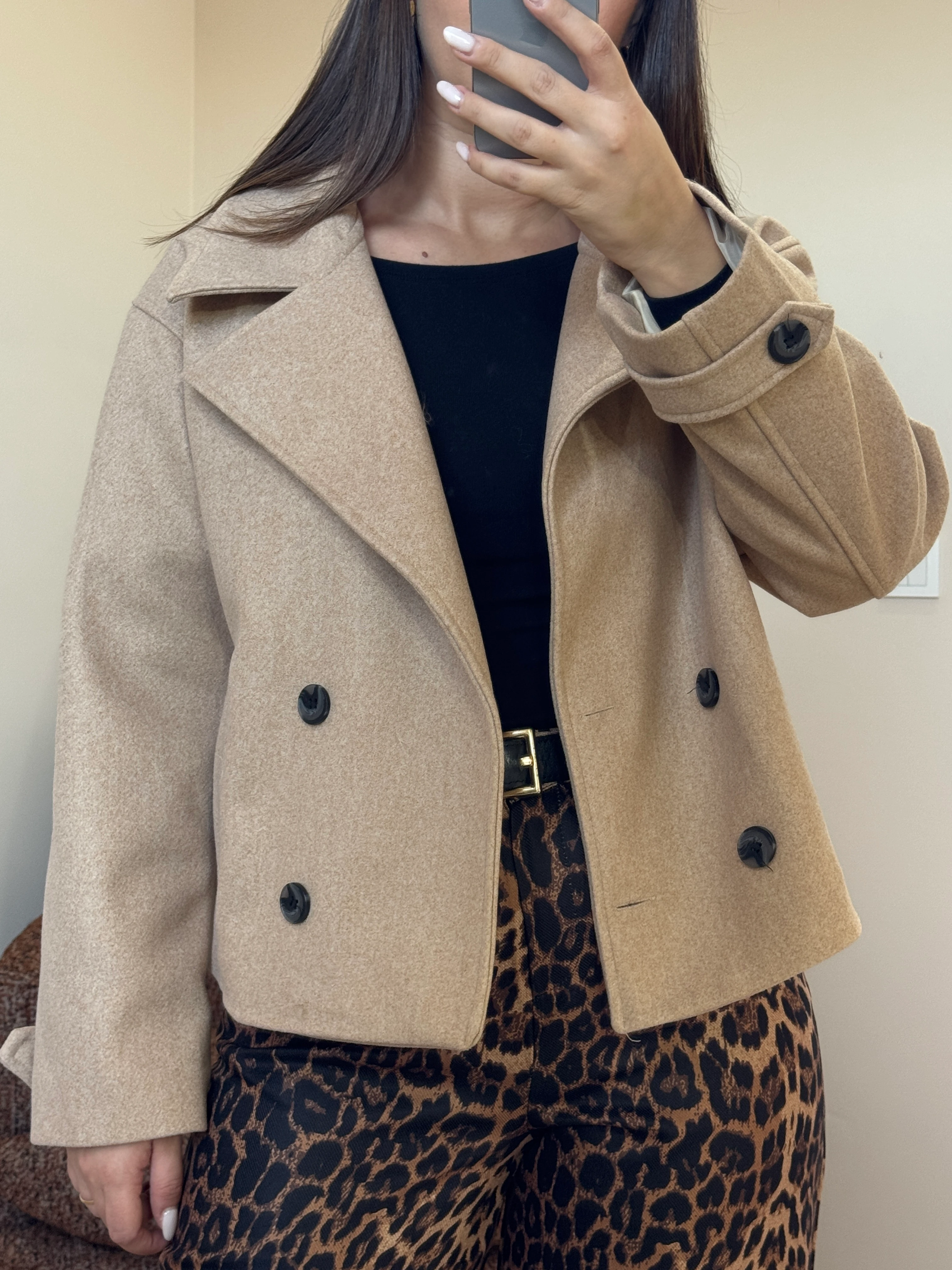 Kruvaze Kaşe Mont - Krem