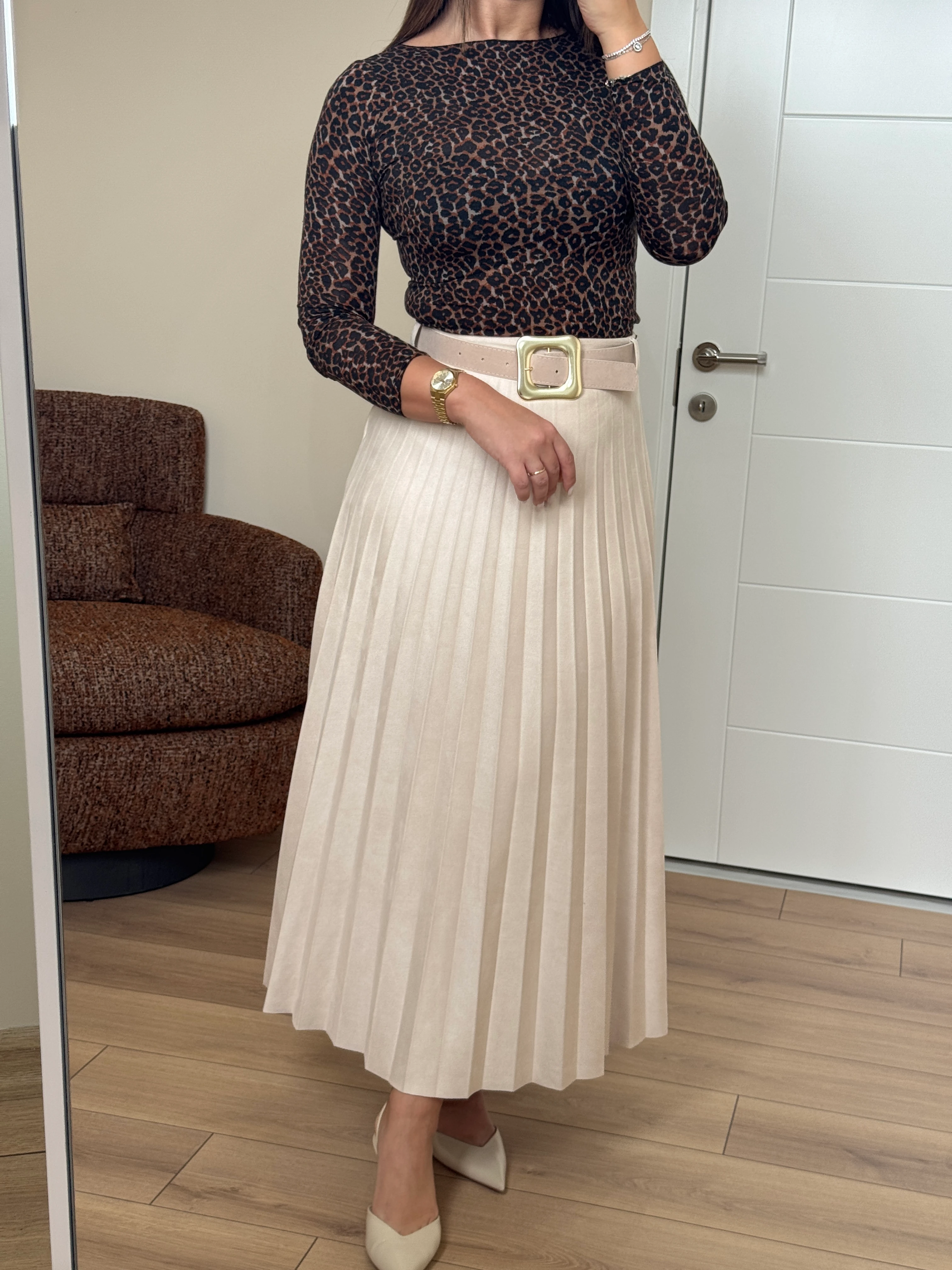 Premium Kalite Kemerli Nubuk Midi Etek