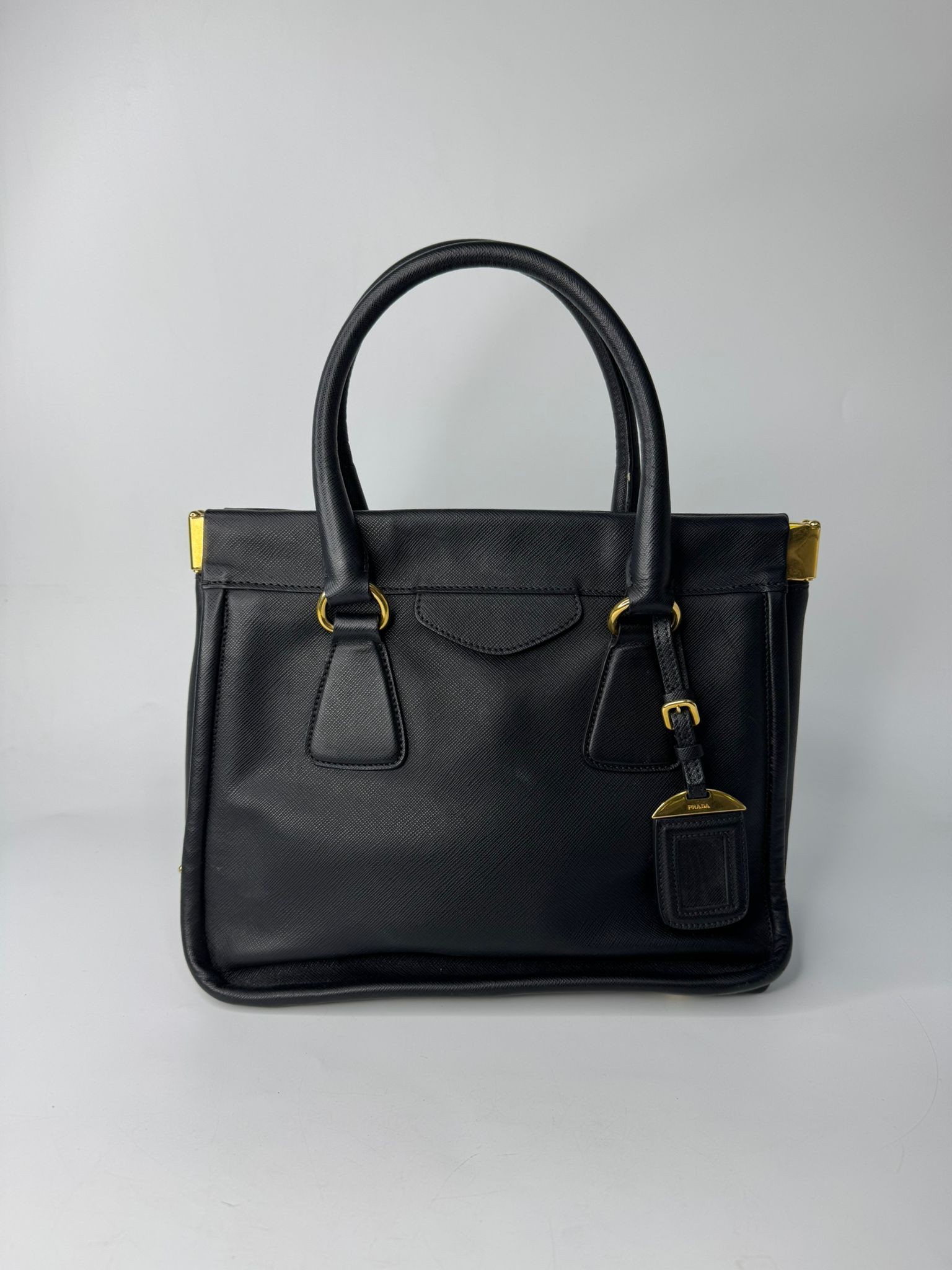 PRADA BLACK SAFFIANO LEATHER LUCIDO TOP HANDLE FRAME TOTE BAG
