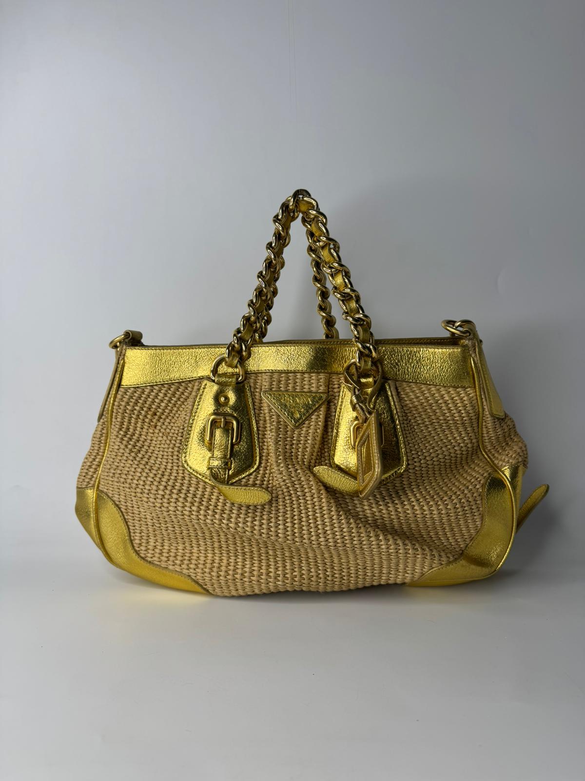 PRADA BROWN PAGLIA & CINGHIALE WOVEN FRAME HANDBAG BEIGE GOLDEN 