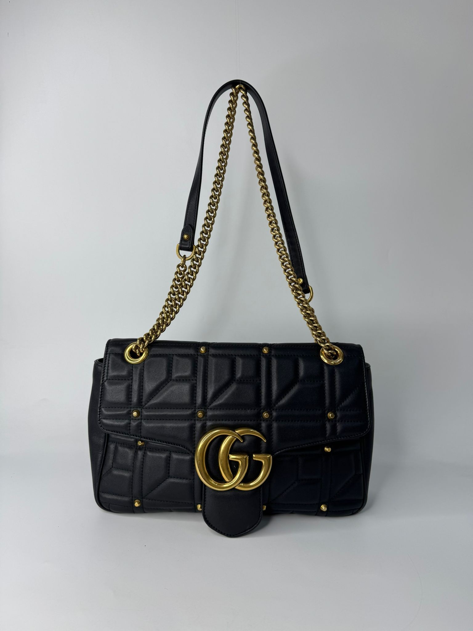 GUCCI CALFSKIN MATELASSE STUDDED MEDIUM GG MARMONT SHOULDER BAG