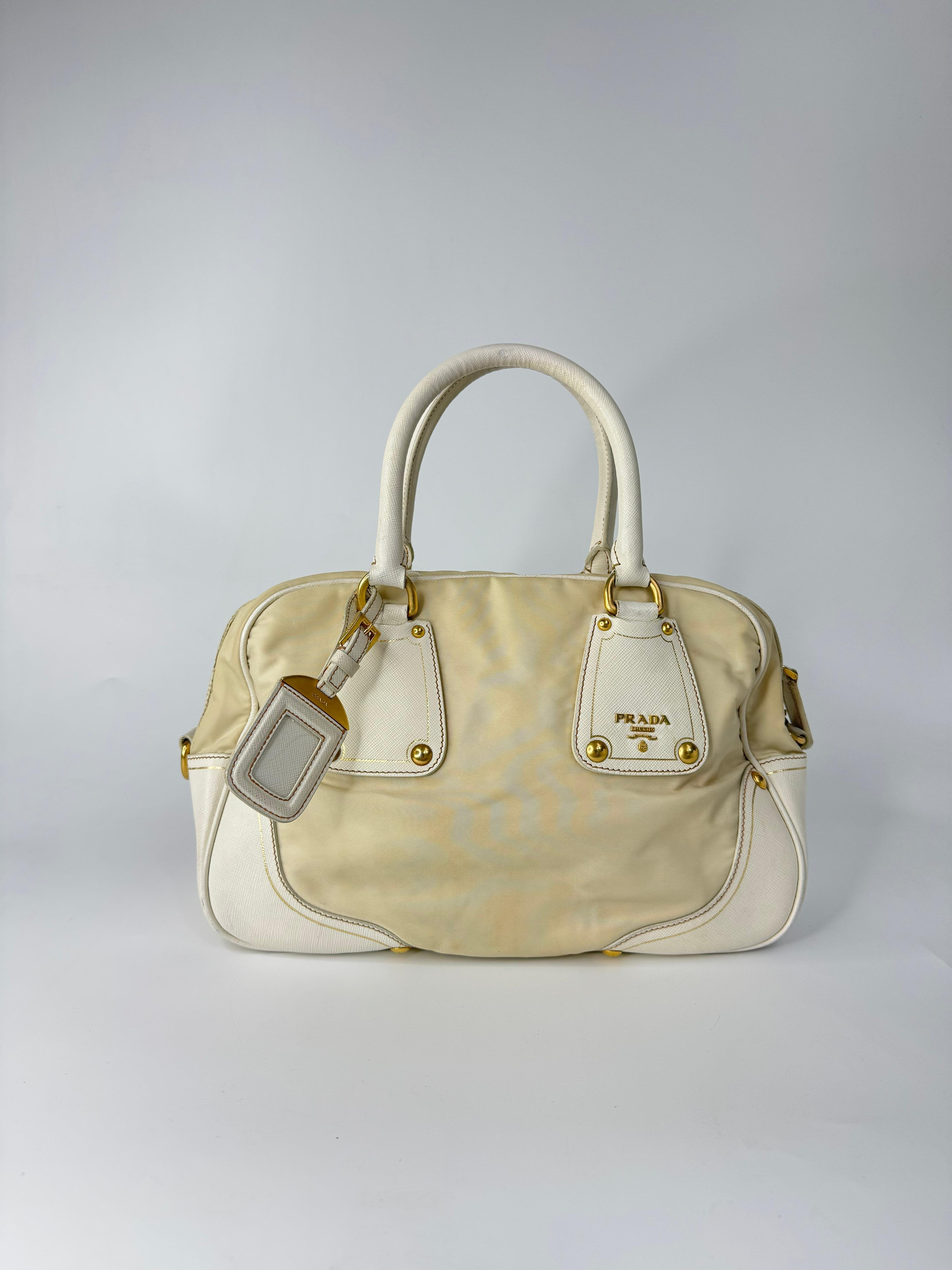 PRADA BEIGE NYLON AND WHITE LEATHER BAG