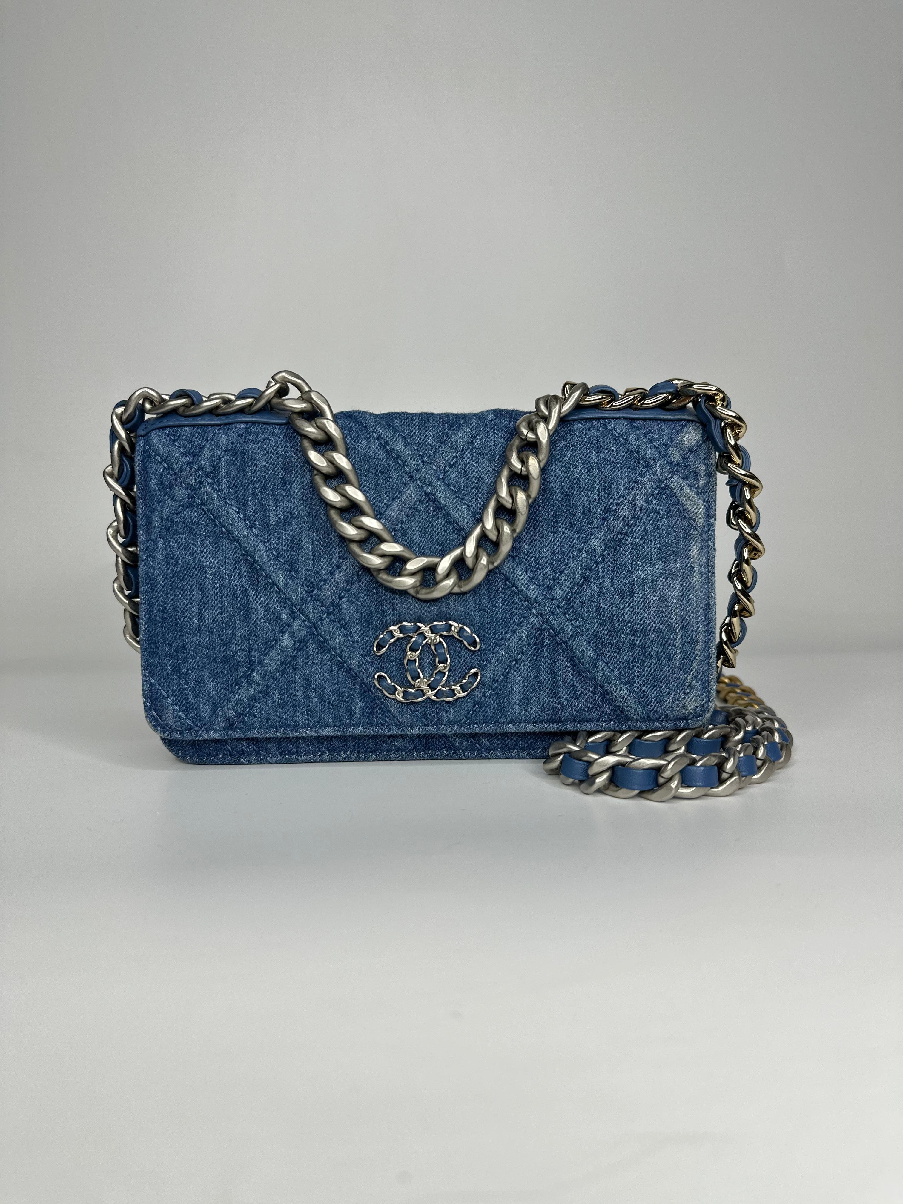 CHANEL DENIM BLUE QUILTED WALLET ON CHAIN 19 BAG