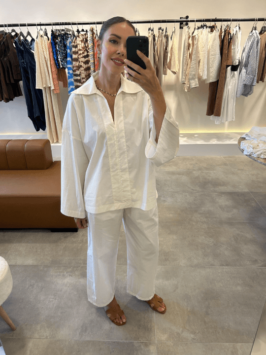 PAMUK OVERSIZE GÖMLEK PANTALON TAKIM - Beyaz