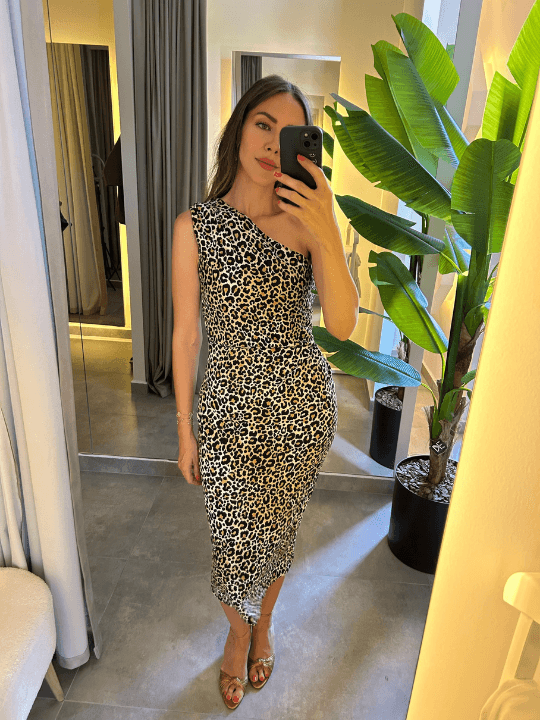 LEOPAR DESEN TEK OMUZ MİDİ ELBİSE