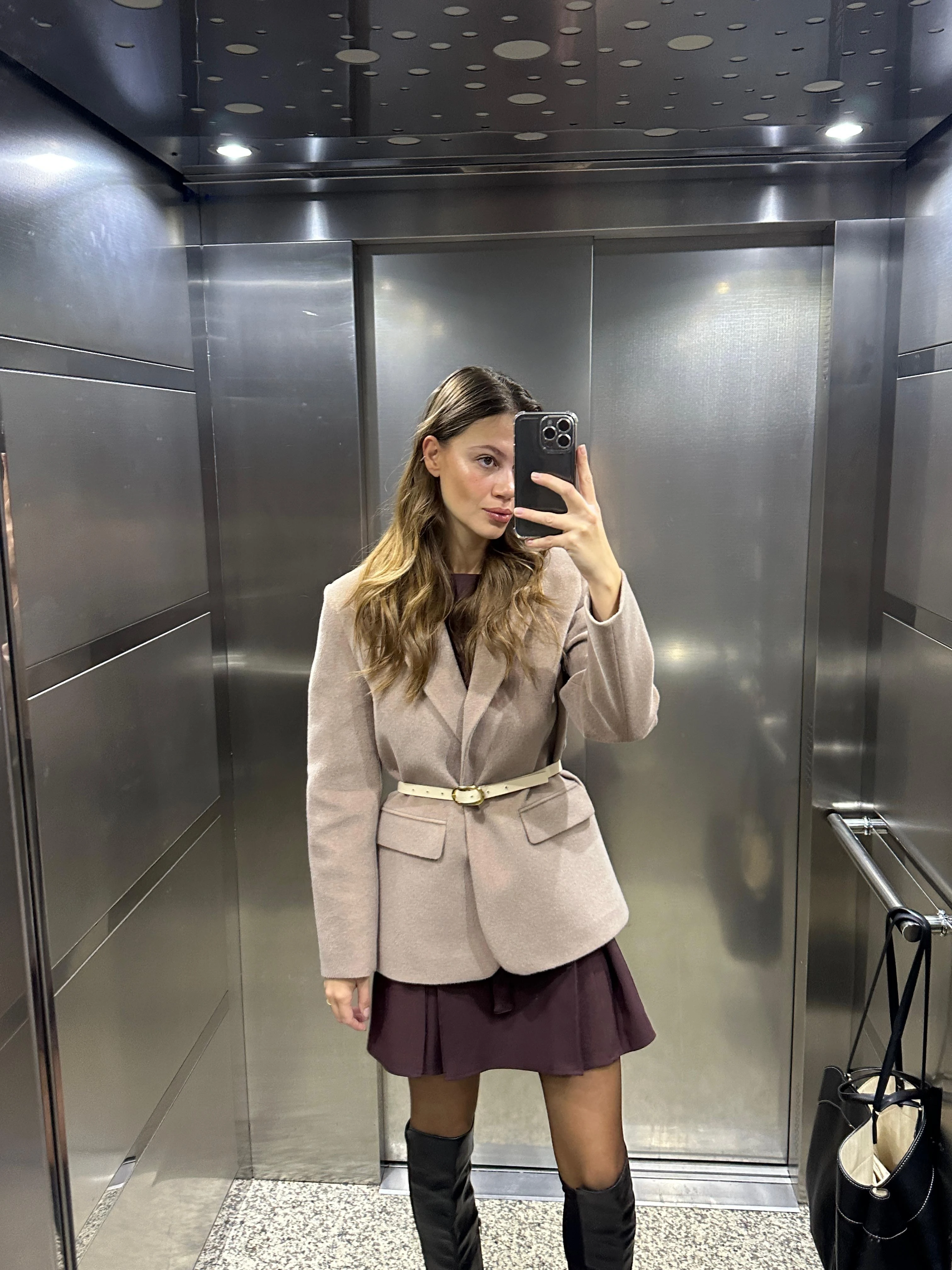 nude alpaka görünümlü kendinden kemerli ceket