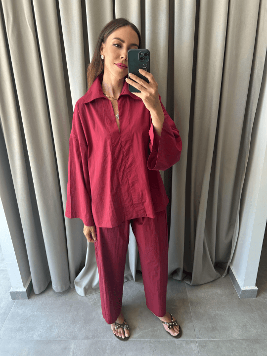 PAMUK OVERSIZE GÖMLEK PANTALON TAKIM - Mürdüm