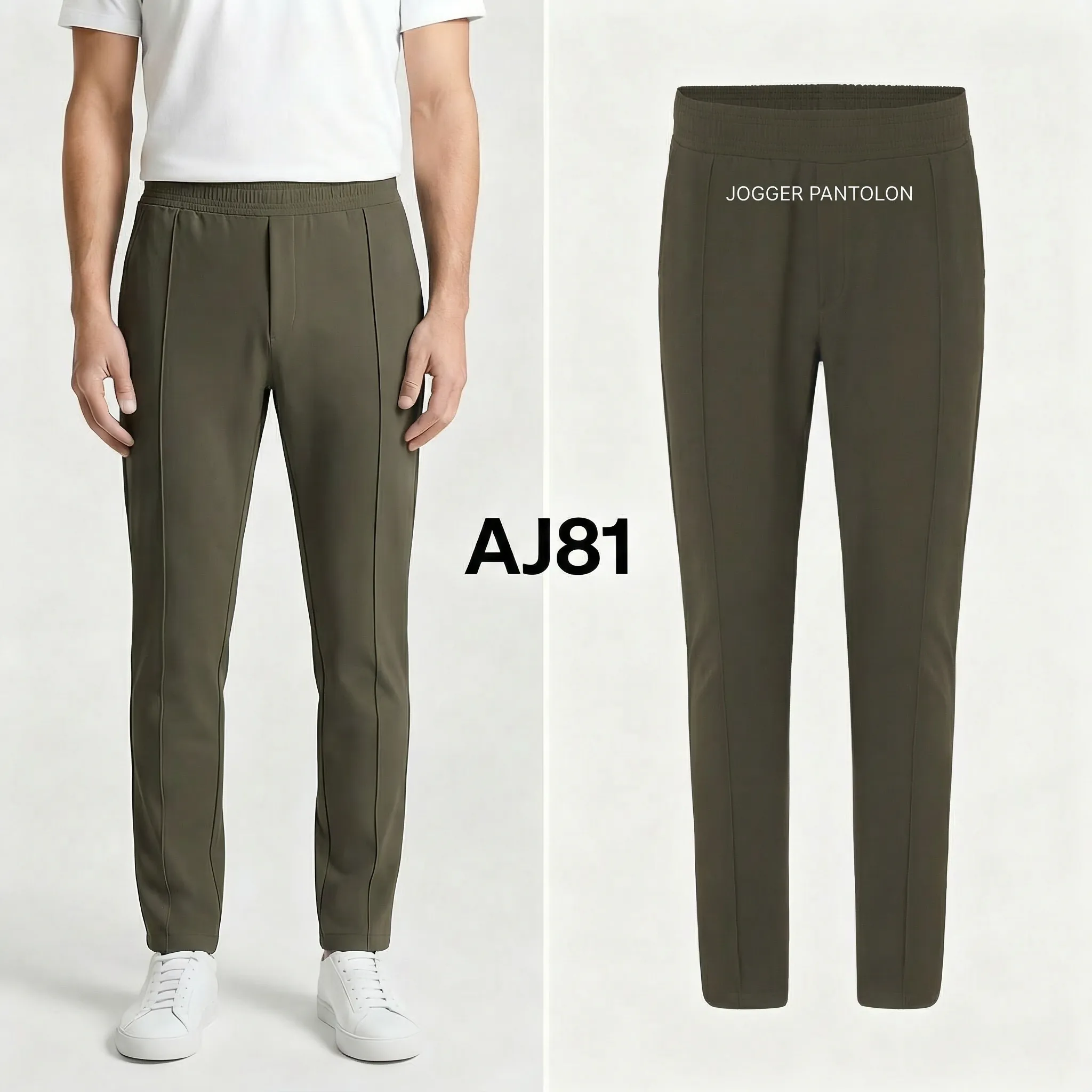 Erkek Slim Fit Beli Lastikli Önü Cımalı Pantolon  - Haki