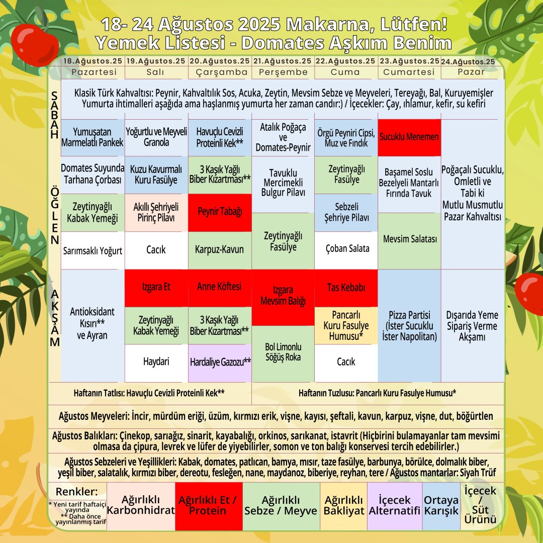 Haftalık Yemek Listesi - Domates Aşkım Benim