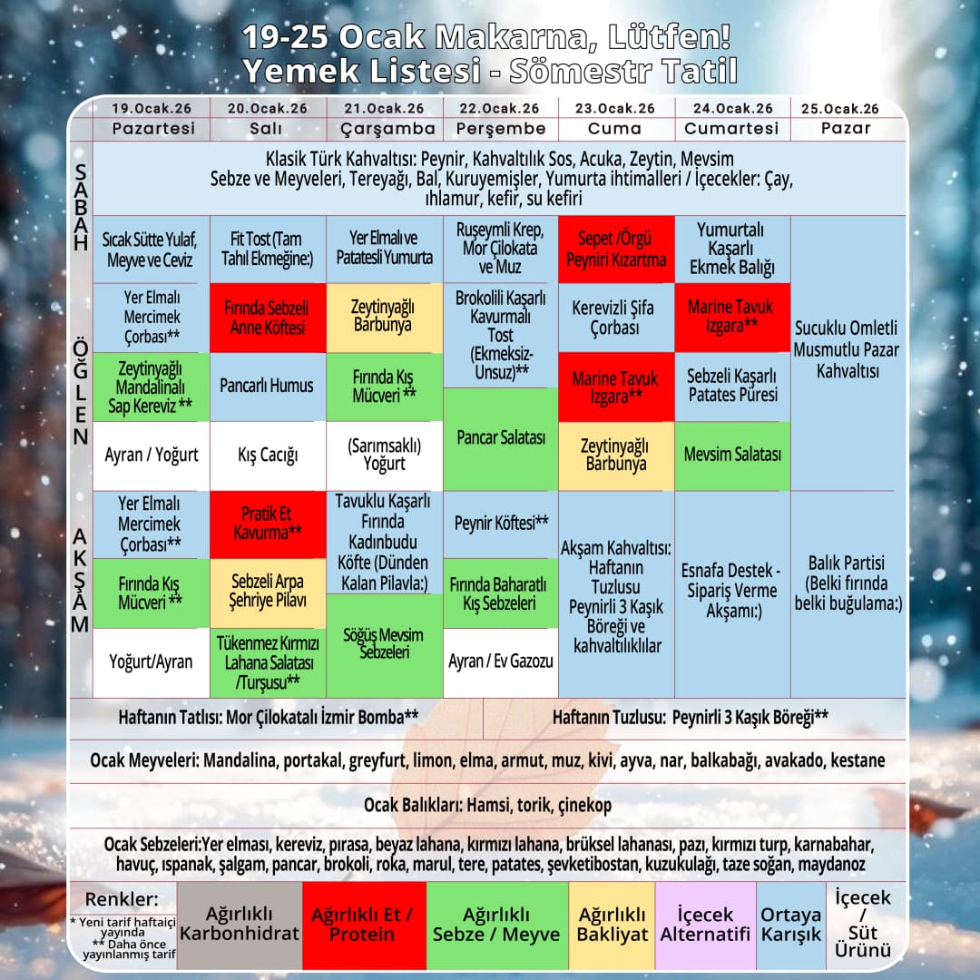 Haftalık Yemek Listesi