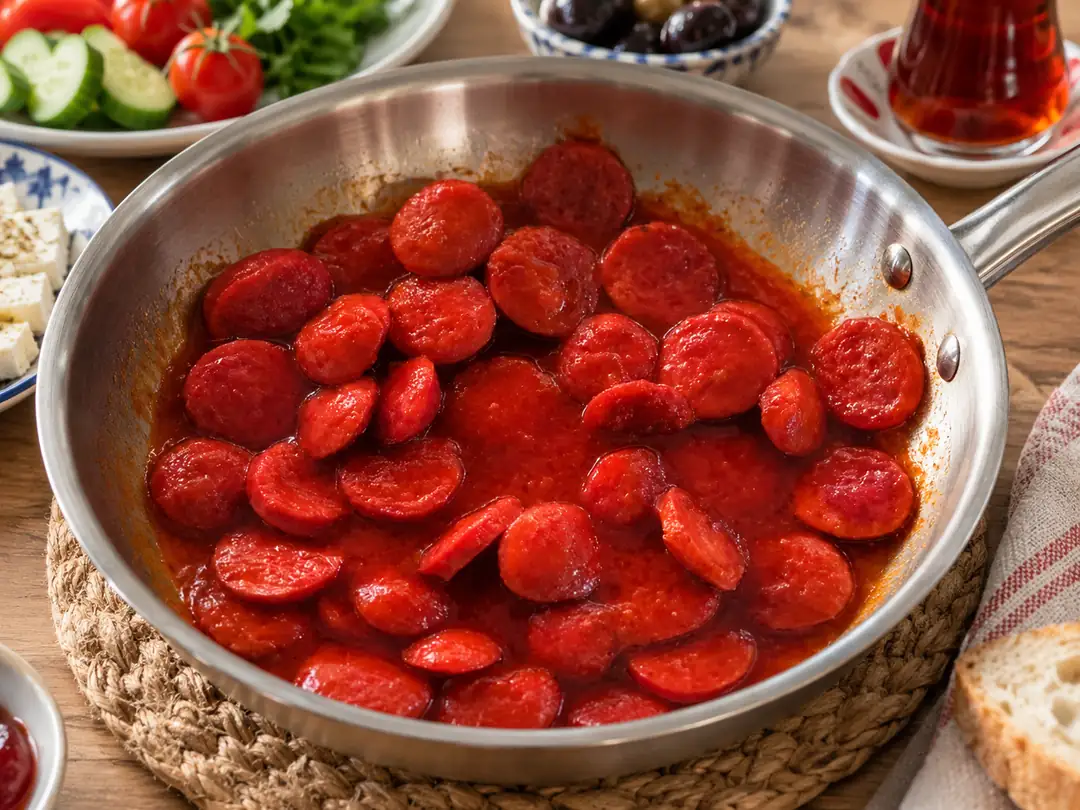 Nitritsiz sosis ile hazırlanan kahvaltılık salçalı soslu sosis tarifi