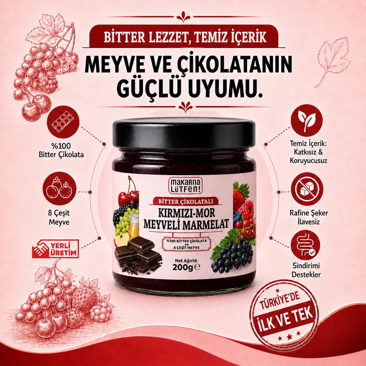 Bitter Çikolatalı Kırmızı Mor Meyveli Marmelat (200 g) 2