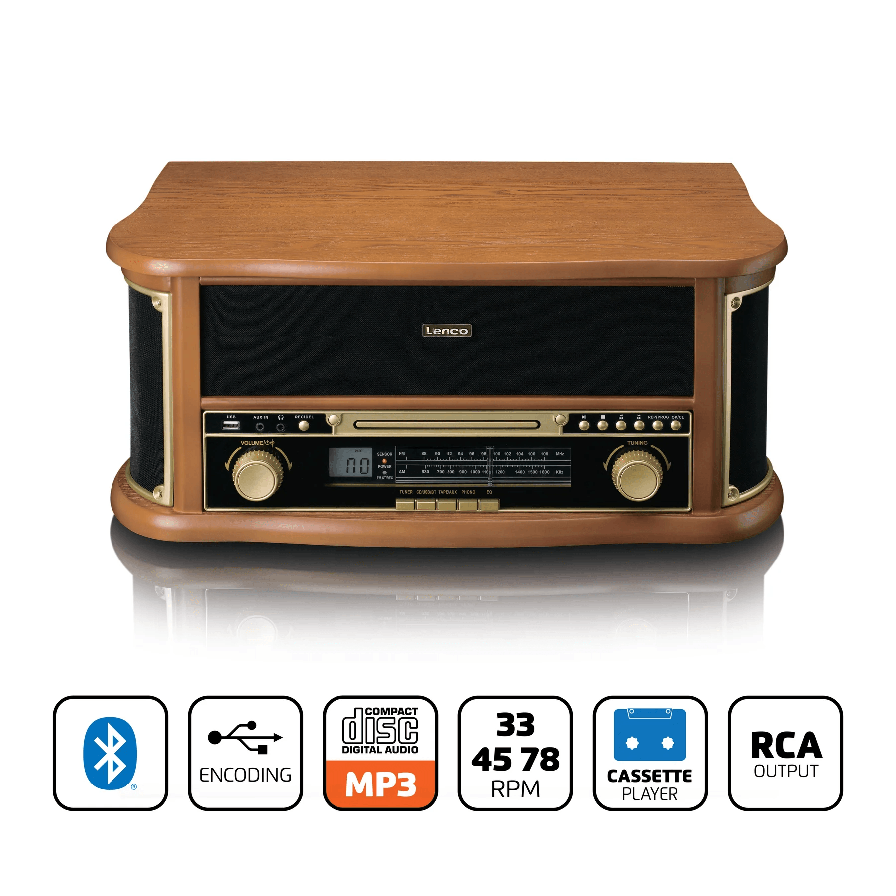 Lenco Classic Phono TCD-2551 WD Retro Bluetooth/USB/FM Radyo/CD/Kaset AHŞAP Pikap Plak Çalar
