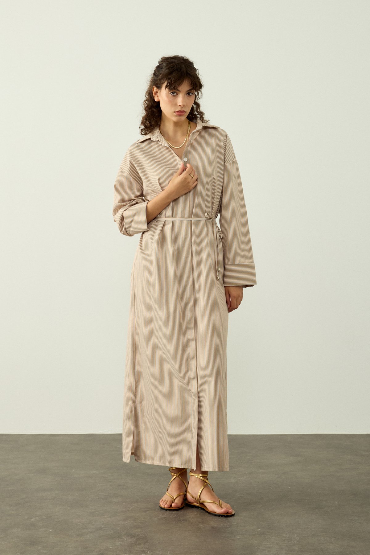 ÇİZGİLİ OVERSIZE POPLİN ELBİSE - BEJ